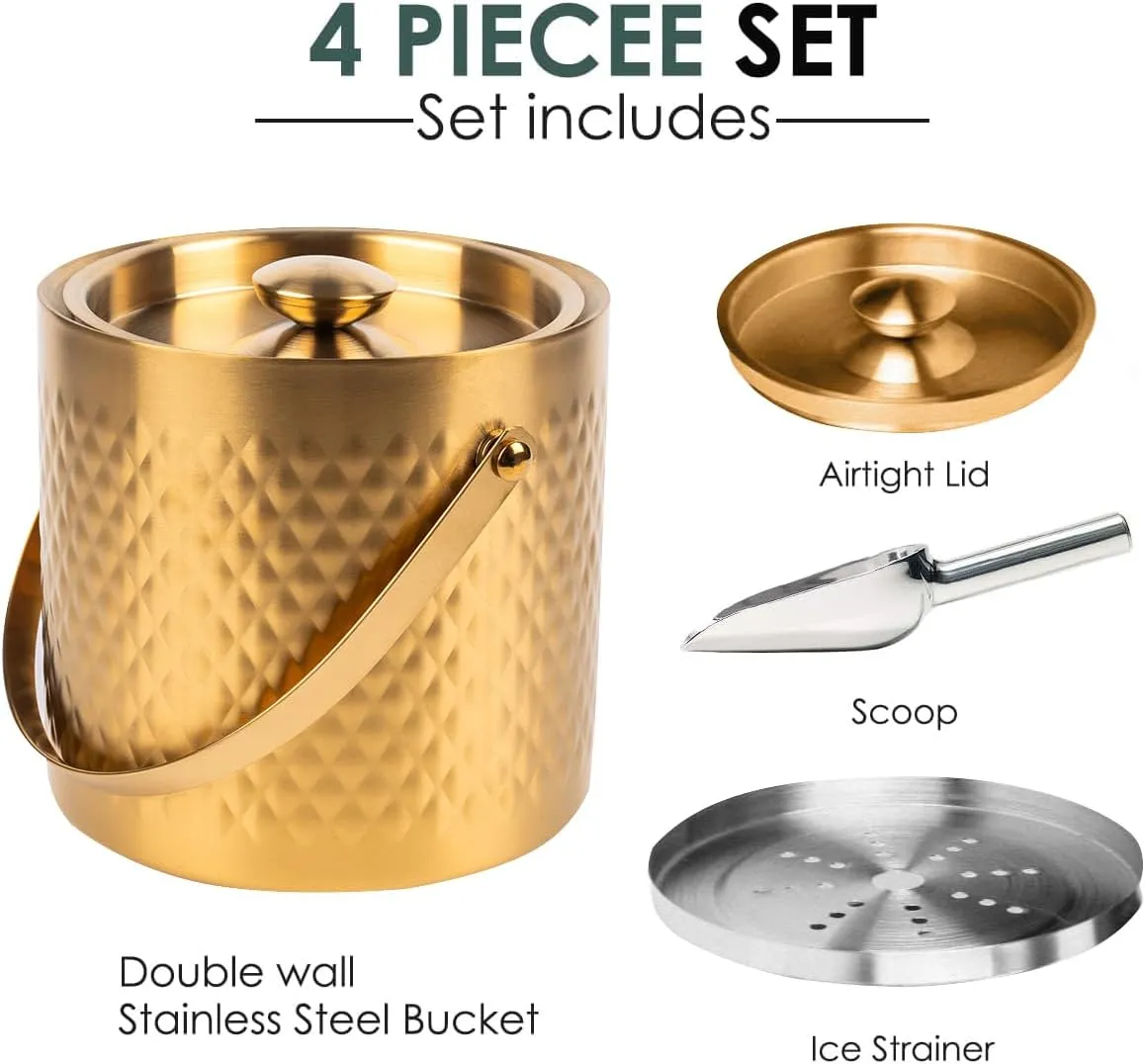 3L Double-Wall Insulated Stainless Steel Ice Bucket with scoop for Cocktail Bar - Metal Ice Bucket for freezer with Lid for parties,Camping,and More!champagne bucket,bar cart accessories(gold)