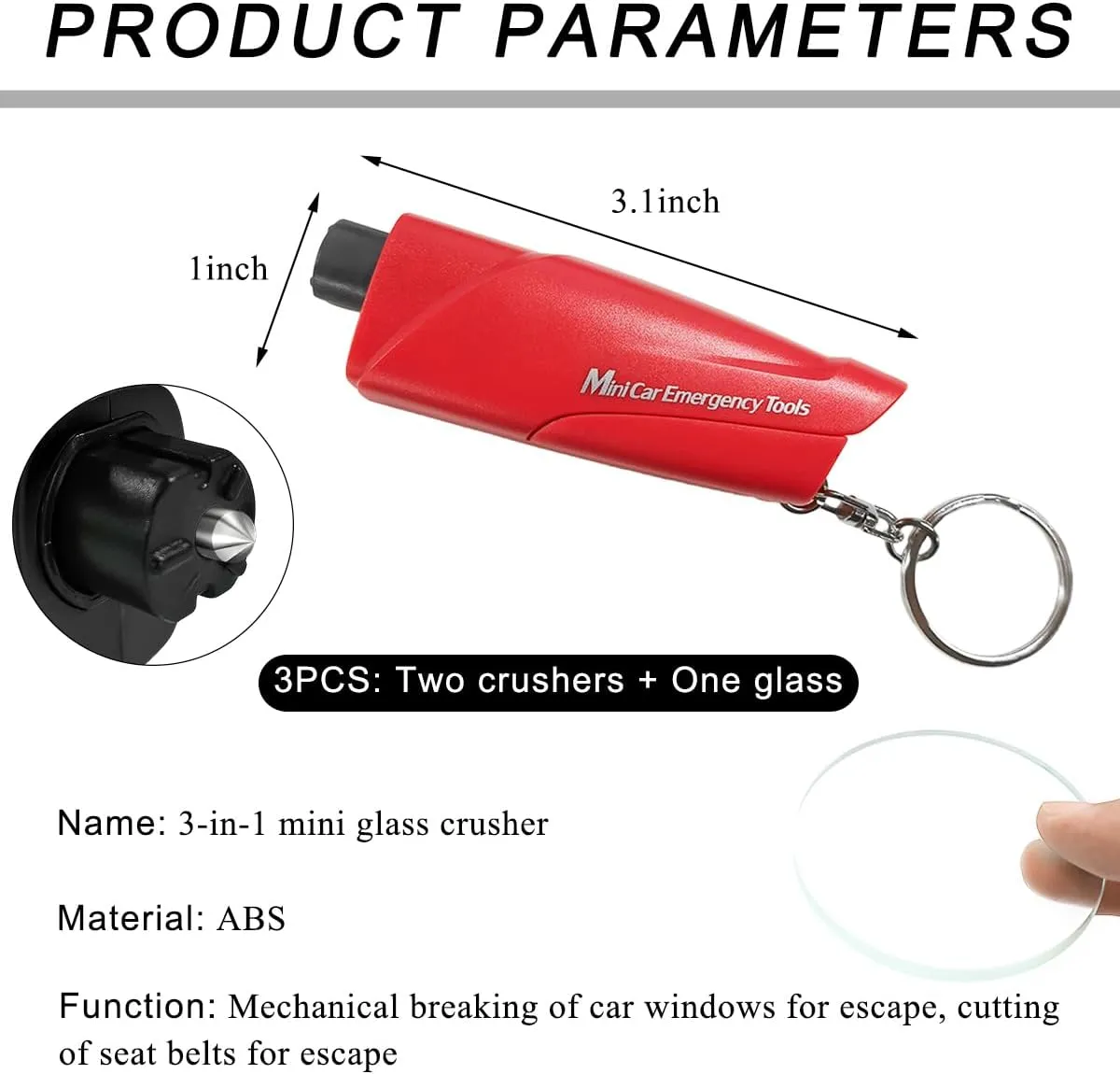 3PCS Window Breaker Seatbelt Cutter, 3-in-1 Mini Glass Breaker Emergency Seat Belt Cutter Keychain, Spring-Loaded Safety Hammer Escape Tool Key Chain for Land and Underwater (Black Red)