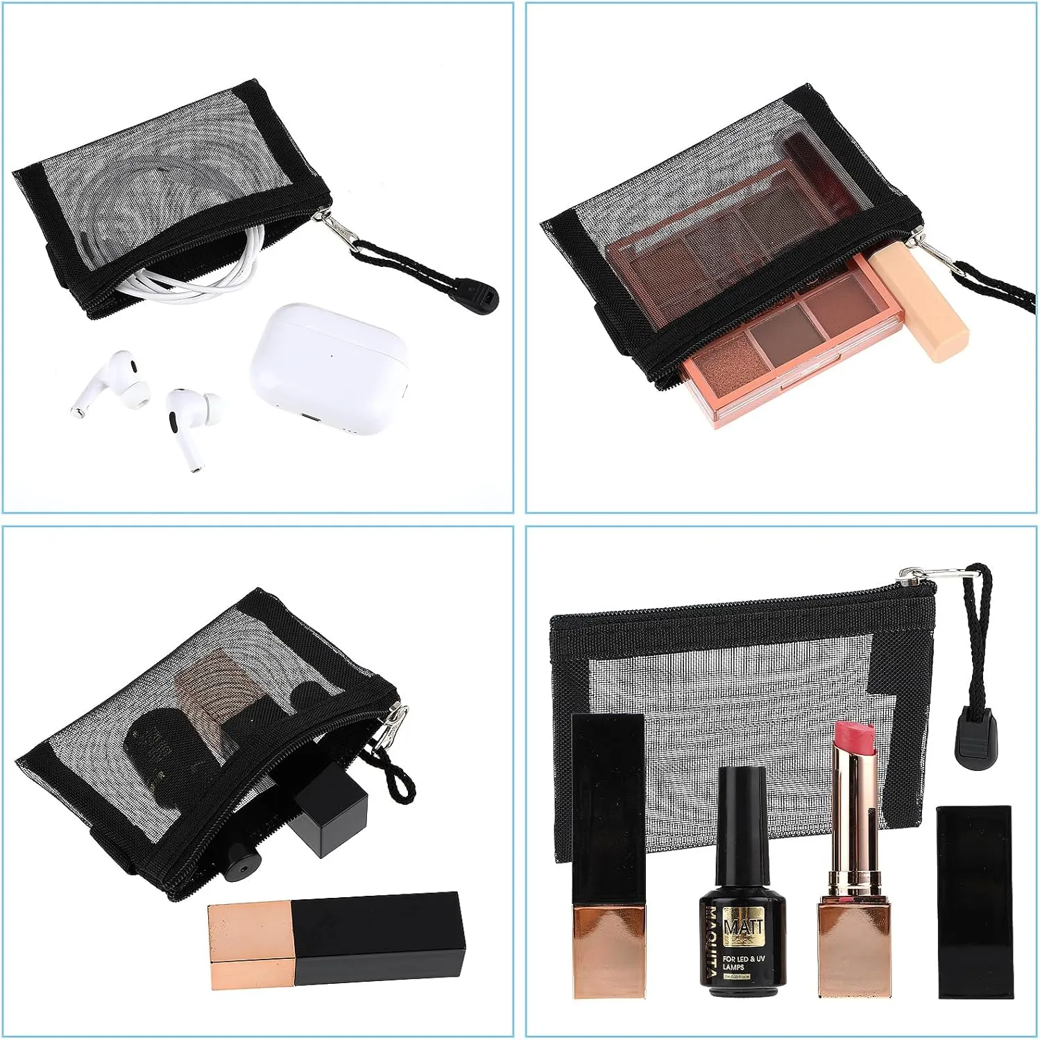 5 Pack Mini Zipper Mesh Bags 3 x 4.5 Inch Nylon Makeup Organizer Portable Travel Cosmetic Pouch Kit Beauty Accessories Holder Bag Storage Coin Purse for Small Items (Black)