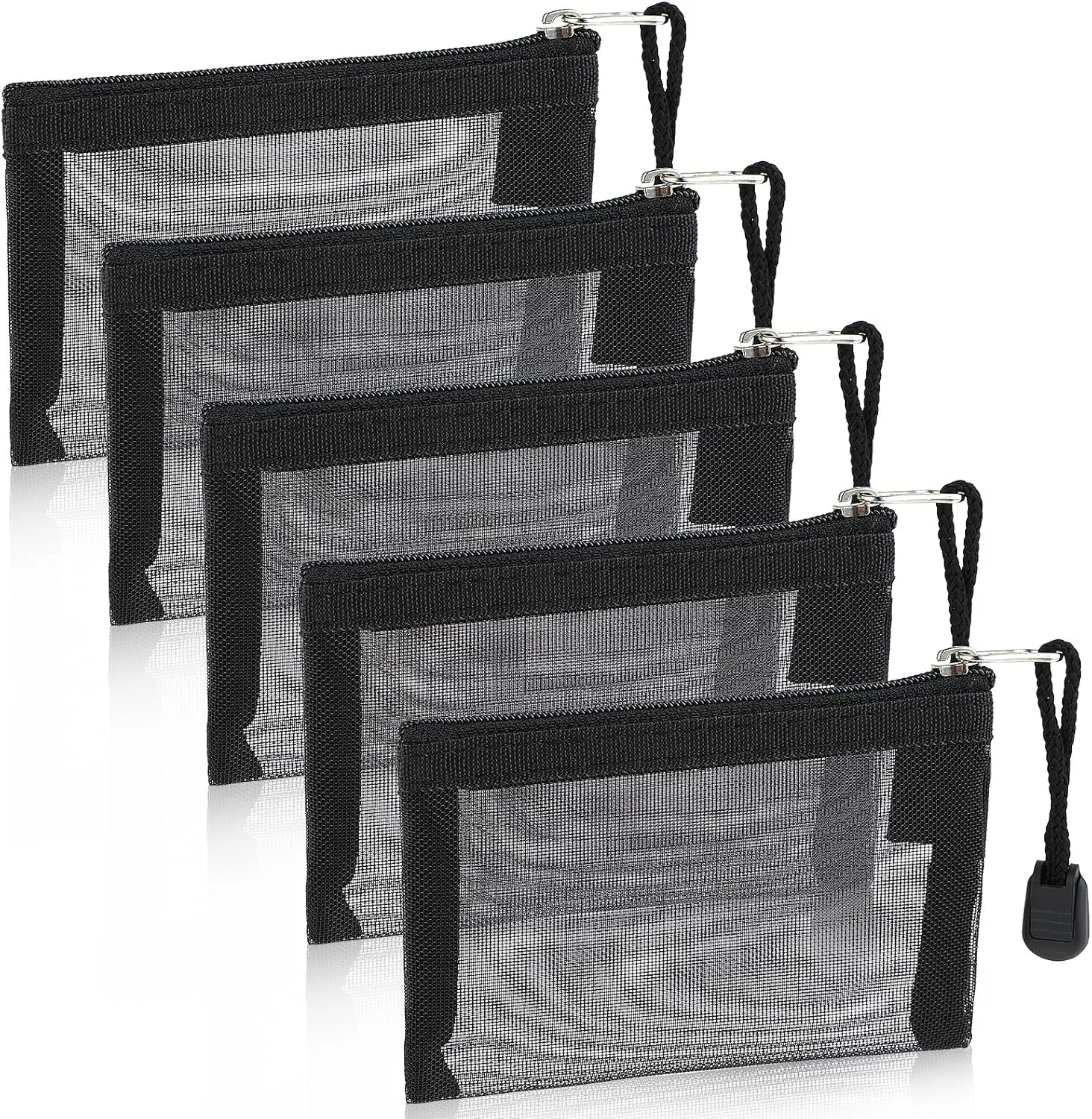 5 Pack Mini Zipper Mesh Bags 3 x 4.5 Inch Nylon Makeup Organizer Portable Travel Cosmetic Pouch Kit Beauty Accessories Holder Bag Storage Coin Purse for Small Items (Black)