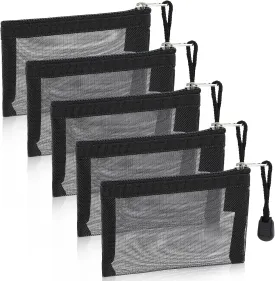 5 Pack Mini Zipper Mesh Bags 3 x 4.5 Inch Nylon Makeup Organizer Portable Travel Cosmetic Pouch Kit Beauty Accessories Holder Bag Storage Coin Purse for Small Items (Black)
