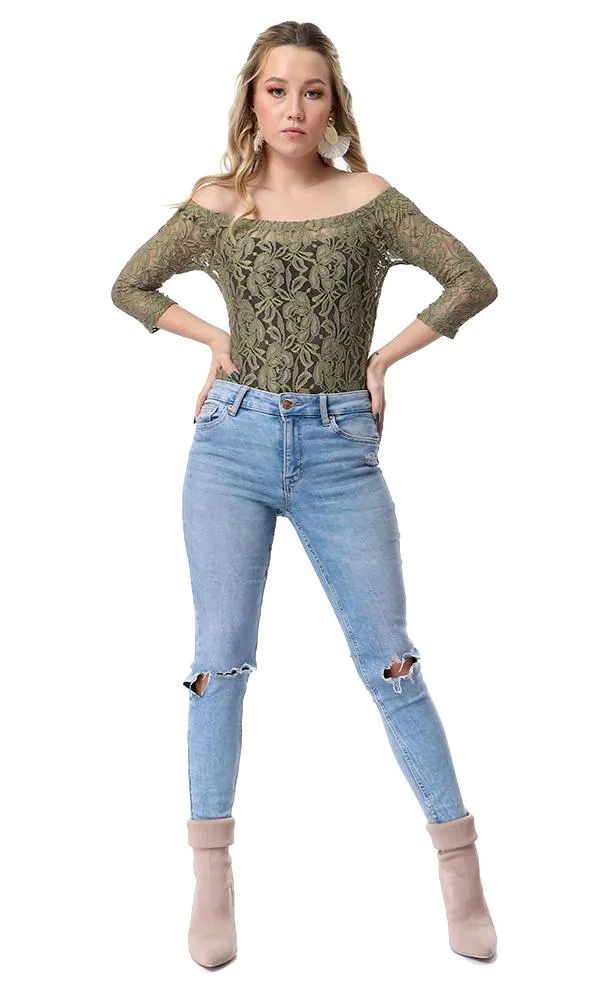 54266 Floral Lace Off-Shoulders Olive Bodysuit