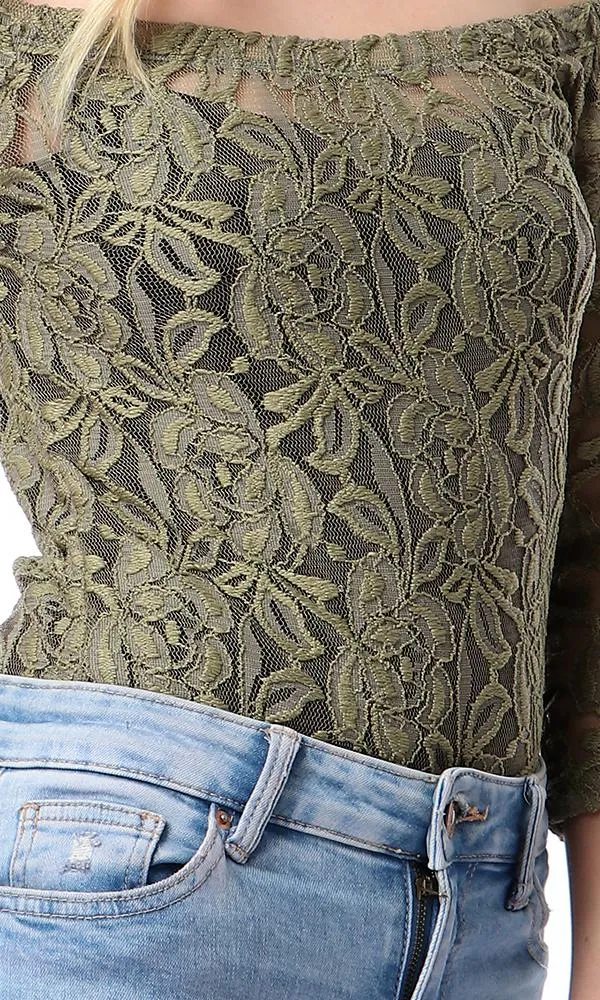 54266 Floral Lace Off-Shoulders Olive Bodysuit