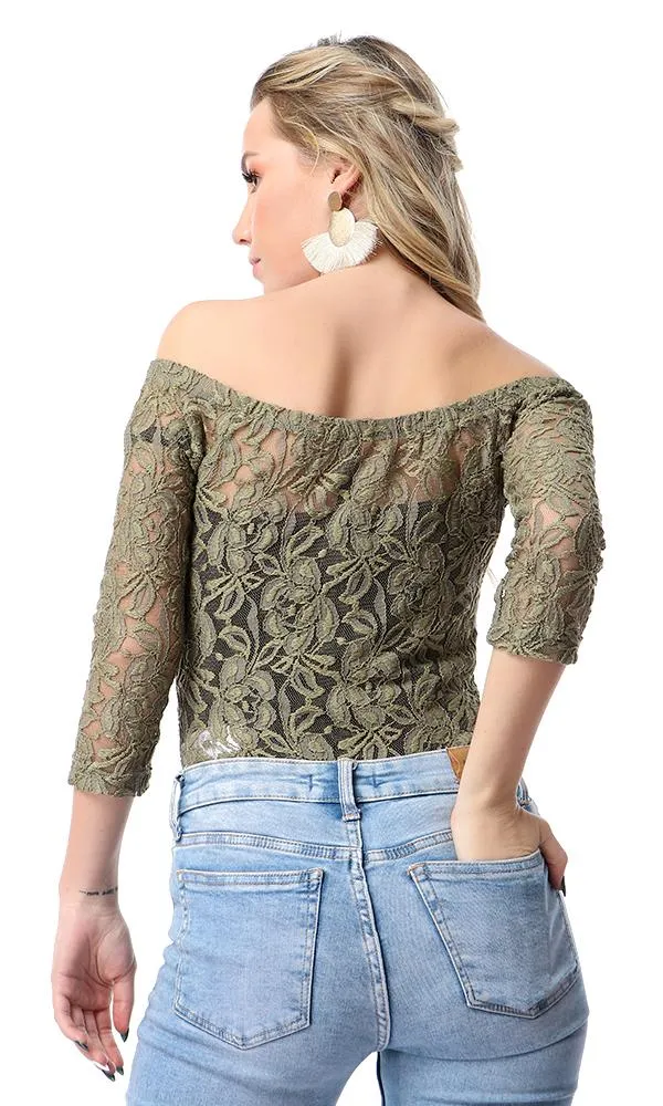 54266 Floral Lace Off-Shoulders Olive Bodysuit