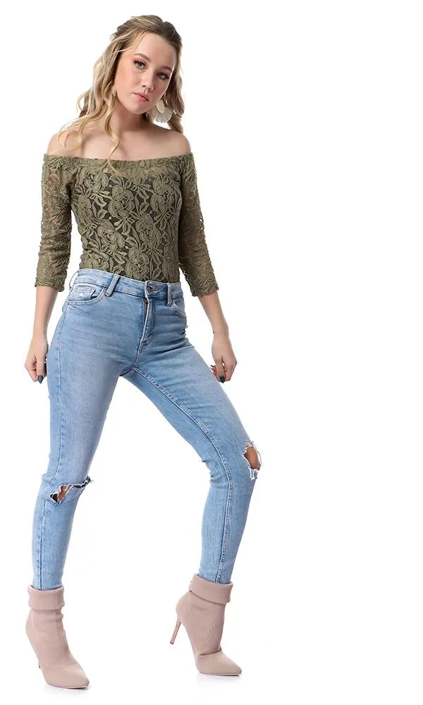 54266 Floral Lace Off-Shoulders Olive Bodysuit