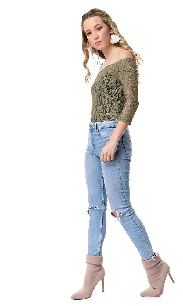 54266 Floral Lace Off-Shoulders Olive Bodysuit