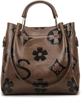 Bucket Bags for Women Floral Embossed Tote Bag Women's Top-handle Handbags Trendy Vintage Vegan Leather Shoulder Bag