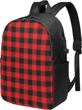 Classic Dark Red And Black Lumberjack Buffalo Plaid Fabric Usb Travel Laptop Backpack  Durable Polyester Backbag With Charging Port & Headphone Jack