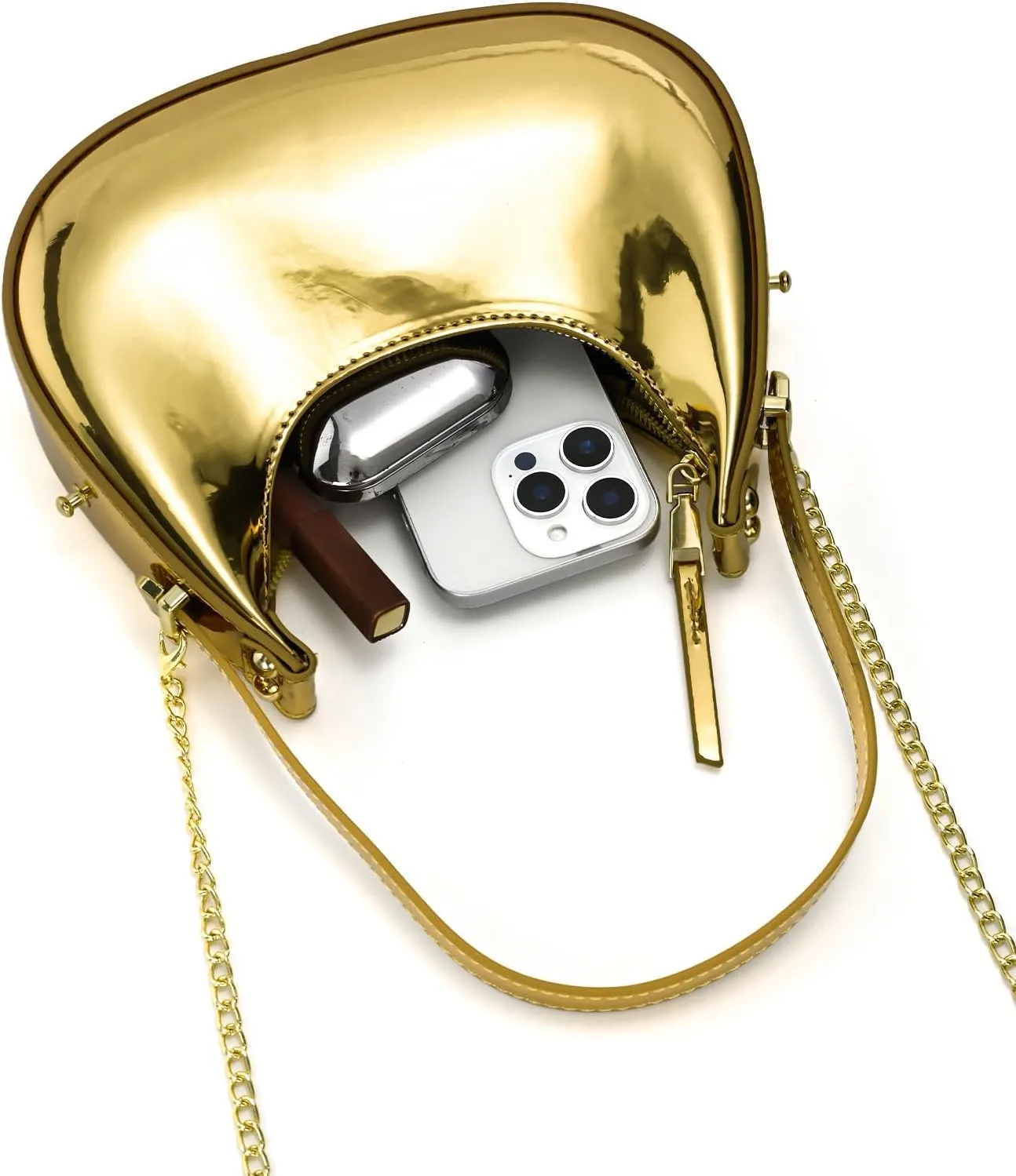 Cute Metallic Purses for Women Stylish Crescent Shoulder Bag Small Gold Crossbody Purse Patent Underarm Moon Bag