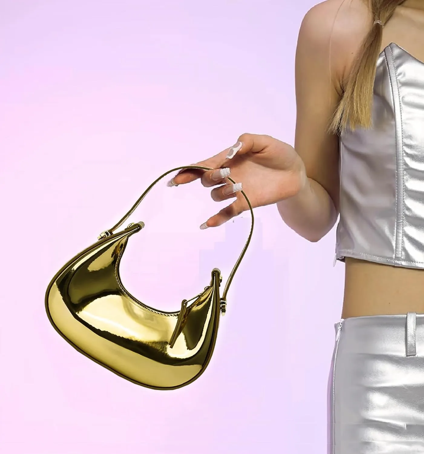 Cute Metallic Purses for Women Stylish Crescent Shoulder Bag Small Gold Crossbody Purse Patent Underarm Moon Bag