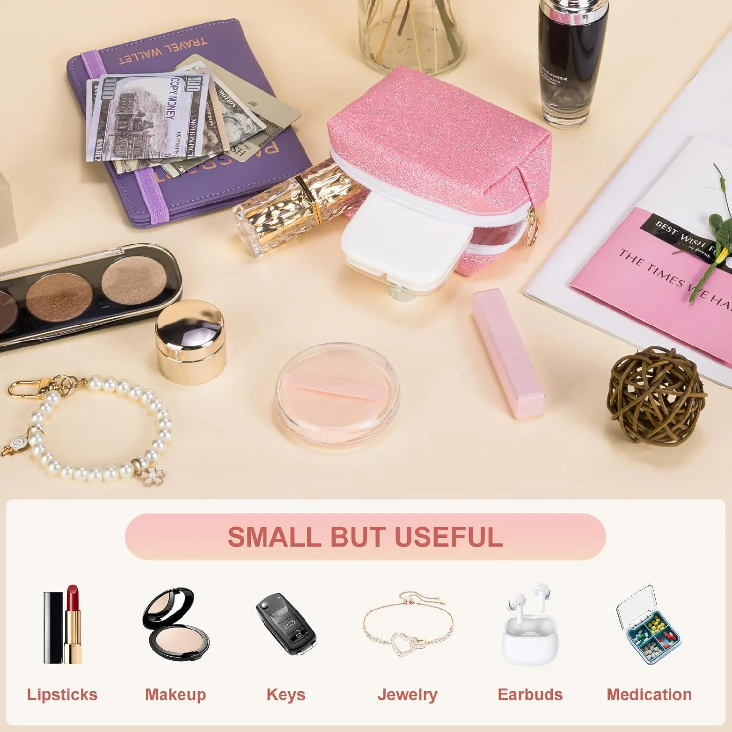 Desing Wish Shining Mini Makeup Bag for Purse Portable Lipstick Pouch Soft PU Leather Small Cosmetic Bag for Travel Cute Lipstick Bag for Chapsticks/Makeup/Keys/Earphones (Glitter Black)