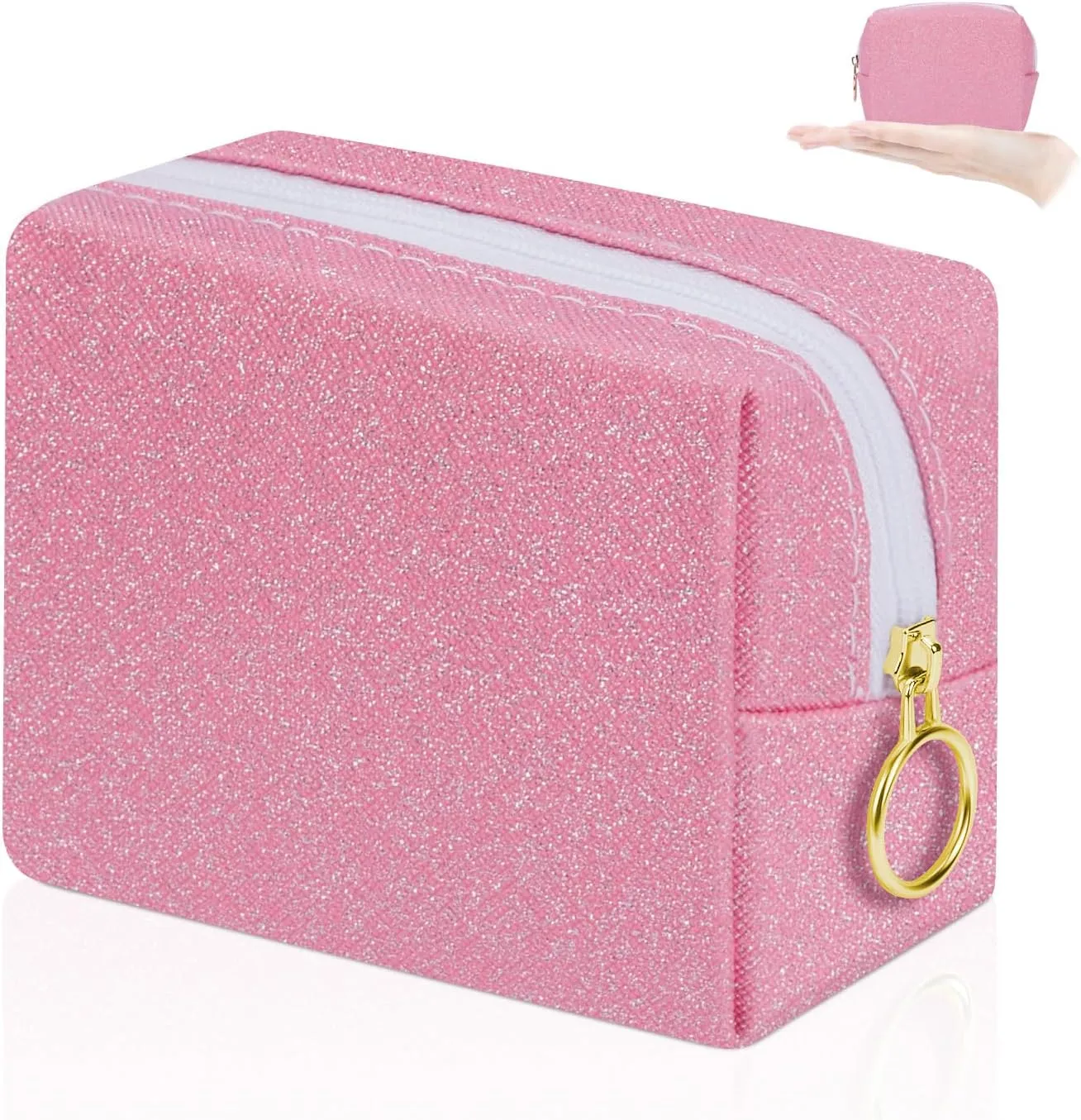 Desing Wish Shining Mini Makeup Bag for Purse Portable Lipstick Pouch Soft PU Leather Small Cosmetic Bag for Travel Cute Lipstick Bag for Chapsticks/Makeup/Keys/Earphones (Glitter Pink)