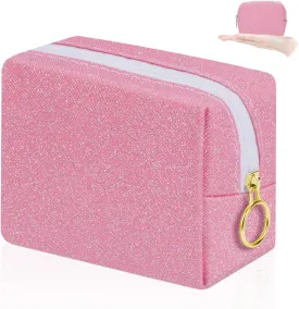 Desing Wish Shining Mini Makeup Bag for Purse Portable Lipstick Pouch Soft PU Leather Small Cosmetic Bag for Travel Cute Lipstick Bag for Chapsticks/Makeup/Keys/Earphones (Glitter Pink)