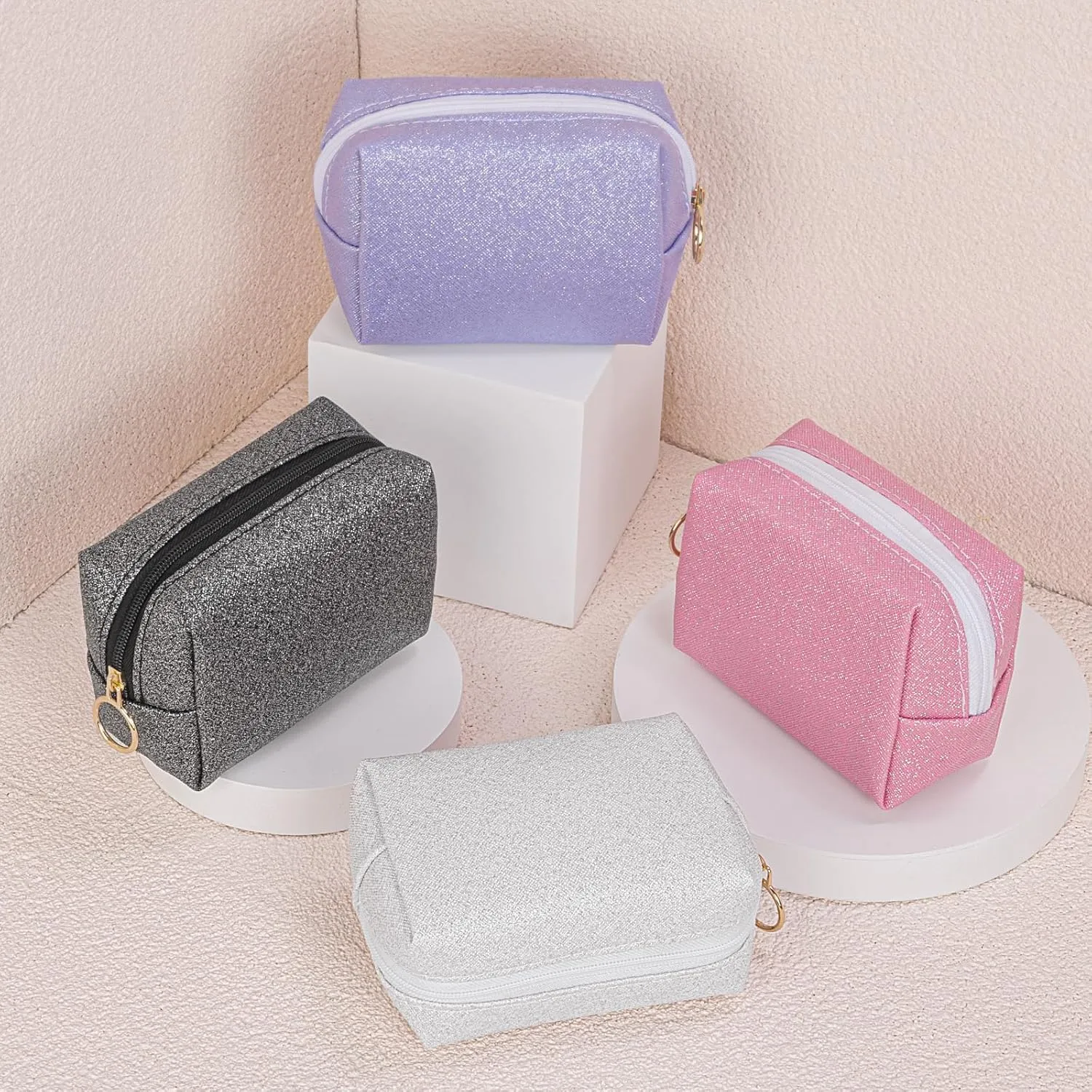 Desing Wish Shining Mini Makeup Bag for Purse Portable Lipstick Pouch Soft PU Leather Small Cosmetic Bag for Travel Cute Lipstick Bag for Chapsticks/Makeup/Keys/Earphones (Glitter Pink)