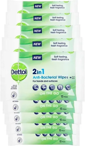 Dettol 2-in-1 Antibacterial On-the-Go  Wipes for Hands and Surfaces, 9 x 15 wipes, Total 135 Wipes