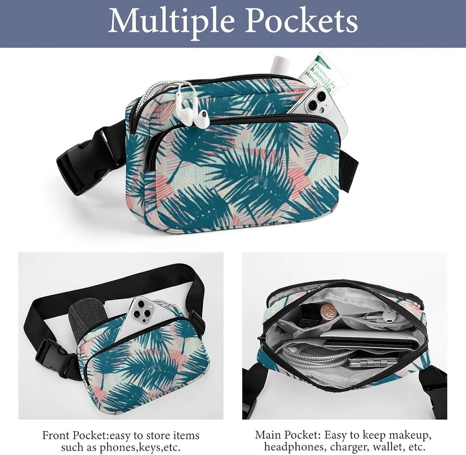 Exotic Palm Leaves Fanny Pack Belt Bag with Adjustable Strap Waist Packs Small Pouch Crossbody Bags for Hiking Running Cycling Traveling