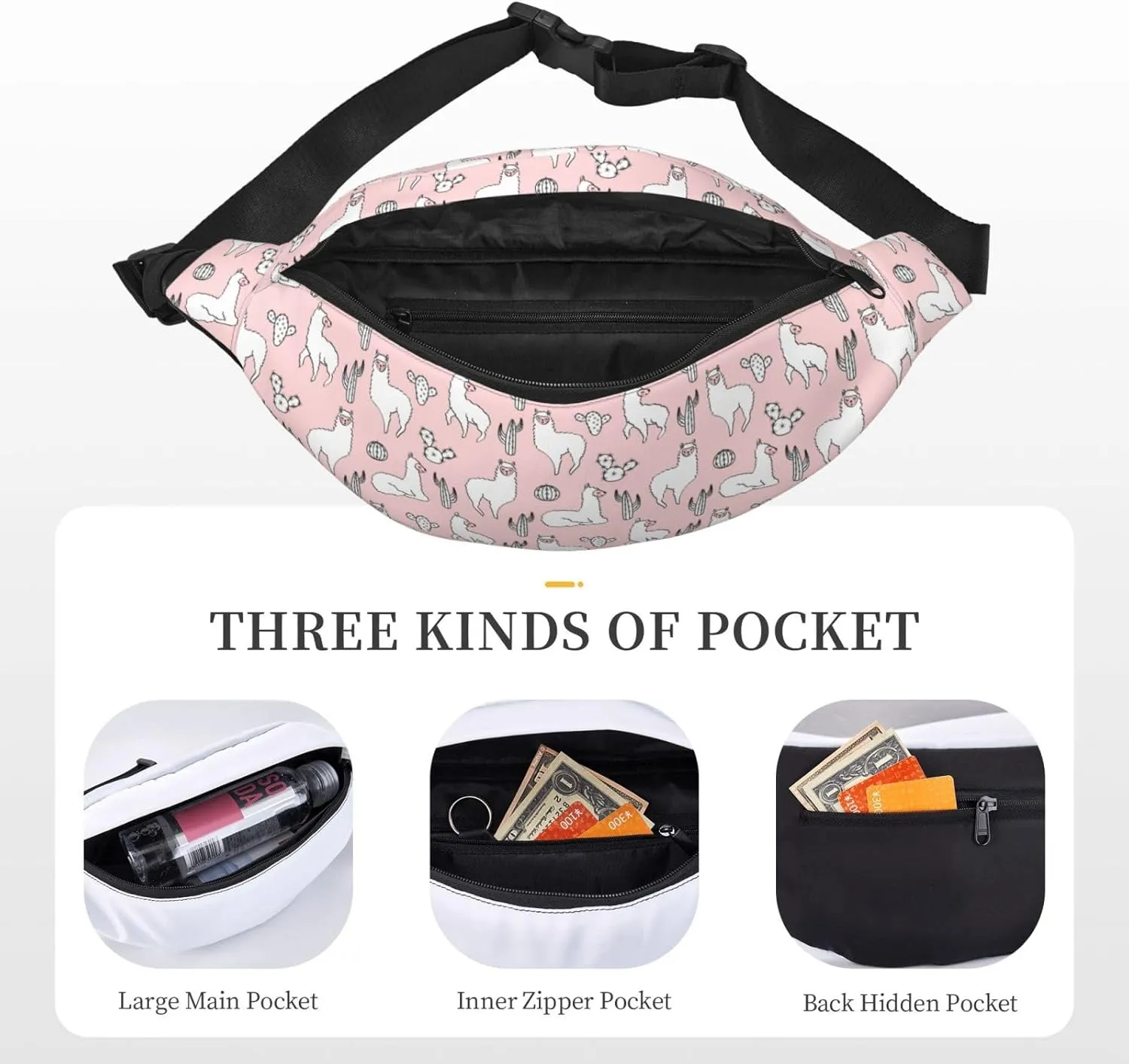 Fanny Pack for Women Men,Cute Llamas And Cactuses Large Crossbody Waist Pack Belt Bag for Workout Hiking Running Travel, Onesize