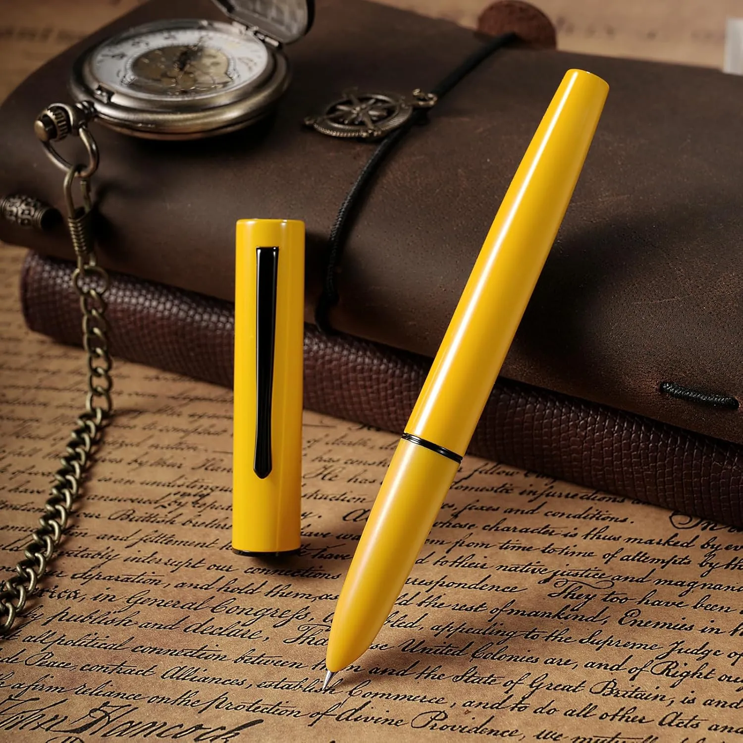 Hongdian C1 Fountain Pen Extra Fine Nib, Lemon Yellow & Classic Retro Design Metal Pen with Ink Converter