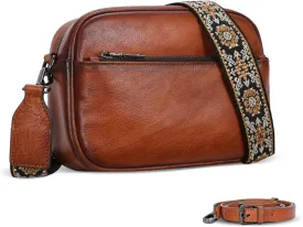 Iswee Leather Crossbody Bags for Women Vintage Shoulder Bag Small Satchel Purse Zippered Purse with Adjustable Strap