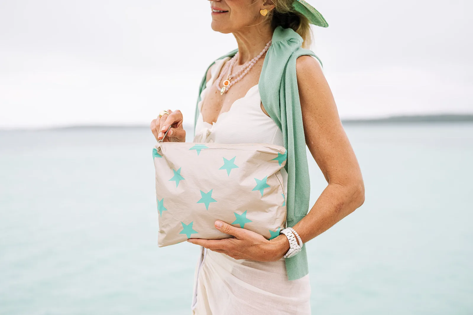 Medium Zipper Pack - Golden Shimmer Beige with Sea Green Multi Stars