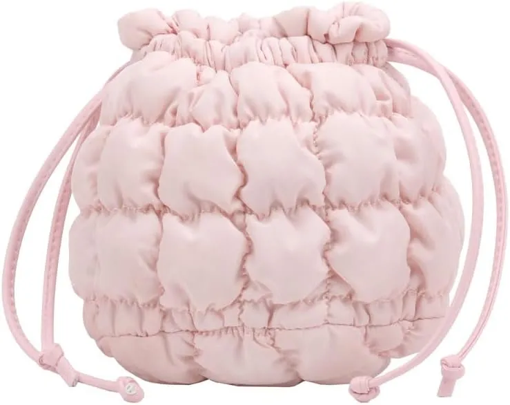 Mini Puffer Crossbody Bag for Women Quilted Drawstring Bucket Bag Puffy Purse Shoulder Nylon Hobo Handbag Lightweight