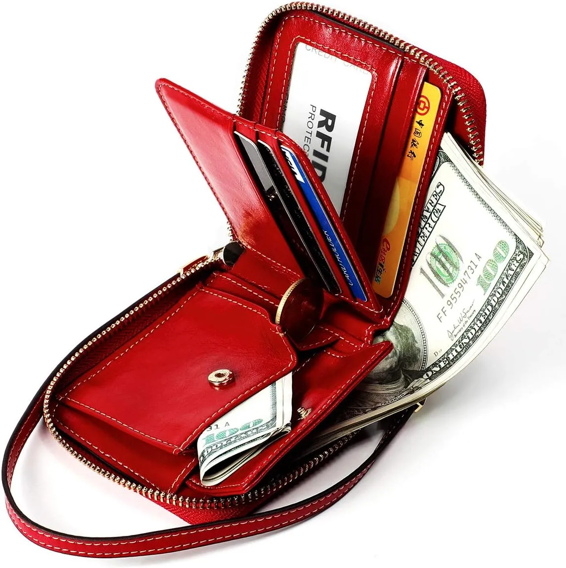 Small Womens Wallet, RFID Blocking Genuine Leather Purse Zip Around Credit Card Holder Purse Clutch Wallet with Wristlet