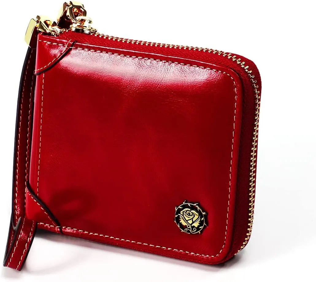 Small Womens Wallet, RFID Blocking Genuine Leather Purse Zip Around Credit Card Holder Purse Clutch Wallet with Wristlet