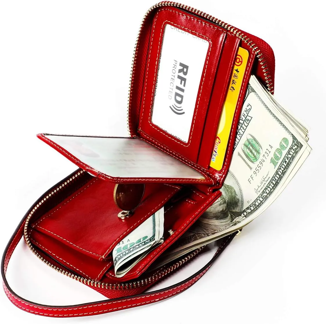 Small Womens Wallet, RFID Blocking Genuine Leather Purse Zip Around Credit Card Holder Purse Clutch Wallet with Wristlet