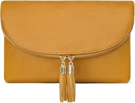 Solene Womens Envelop Clutch Purse Multi Compartments, 6 Card Slot Inside, Crossbody Bag With Tassels