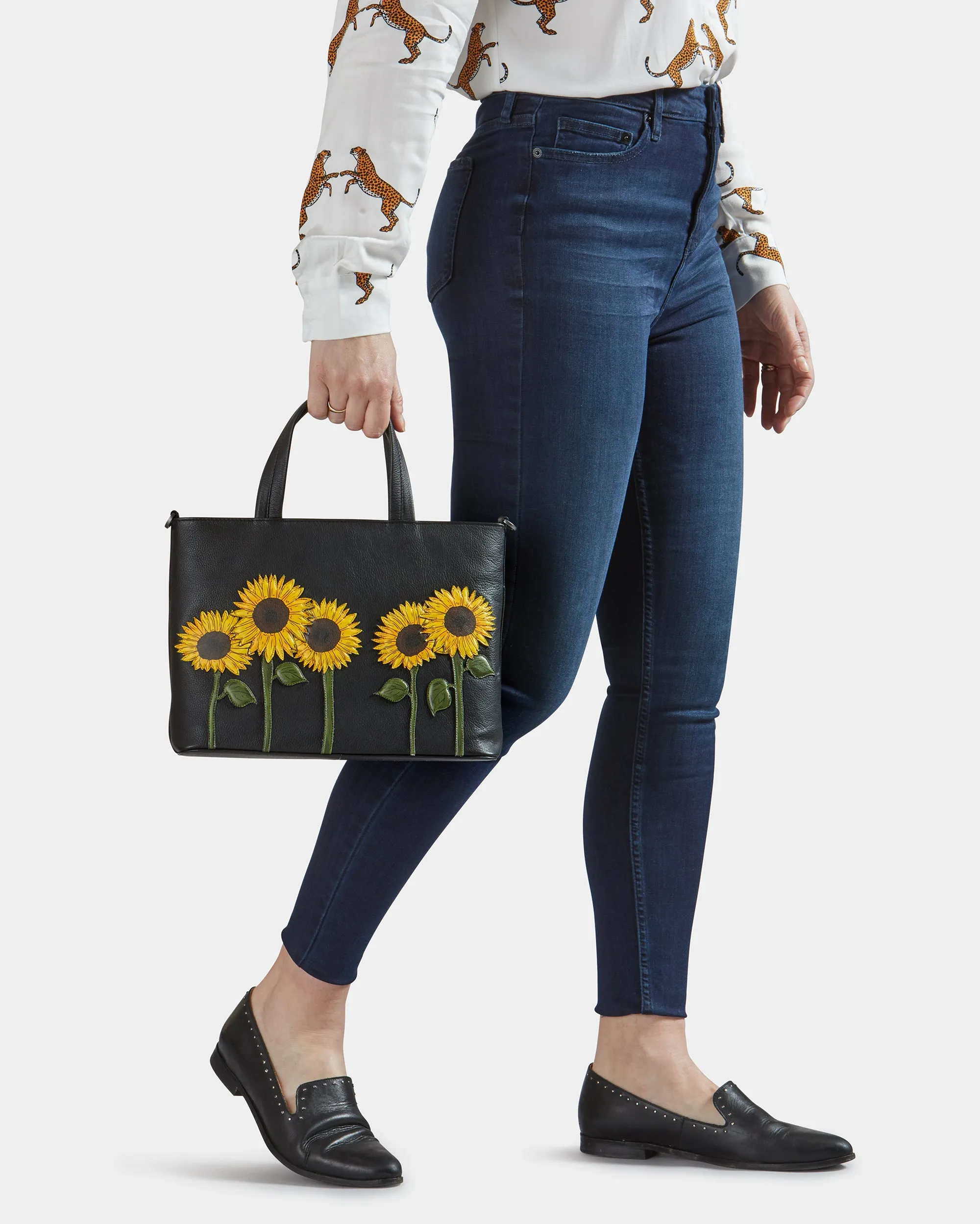 Sunflowers Black Leather Multiway Grab Bag