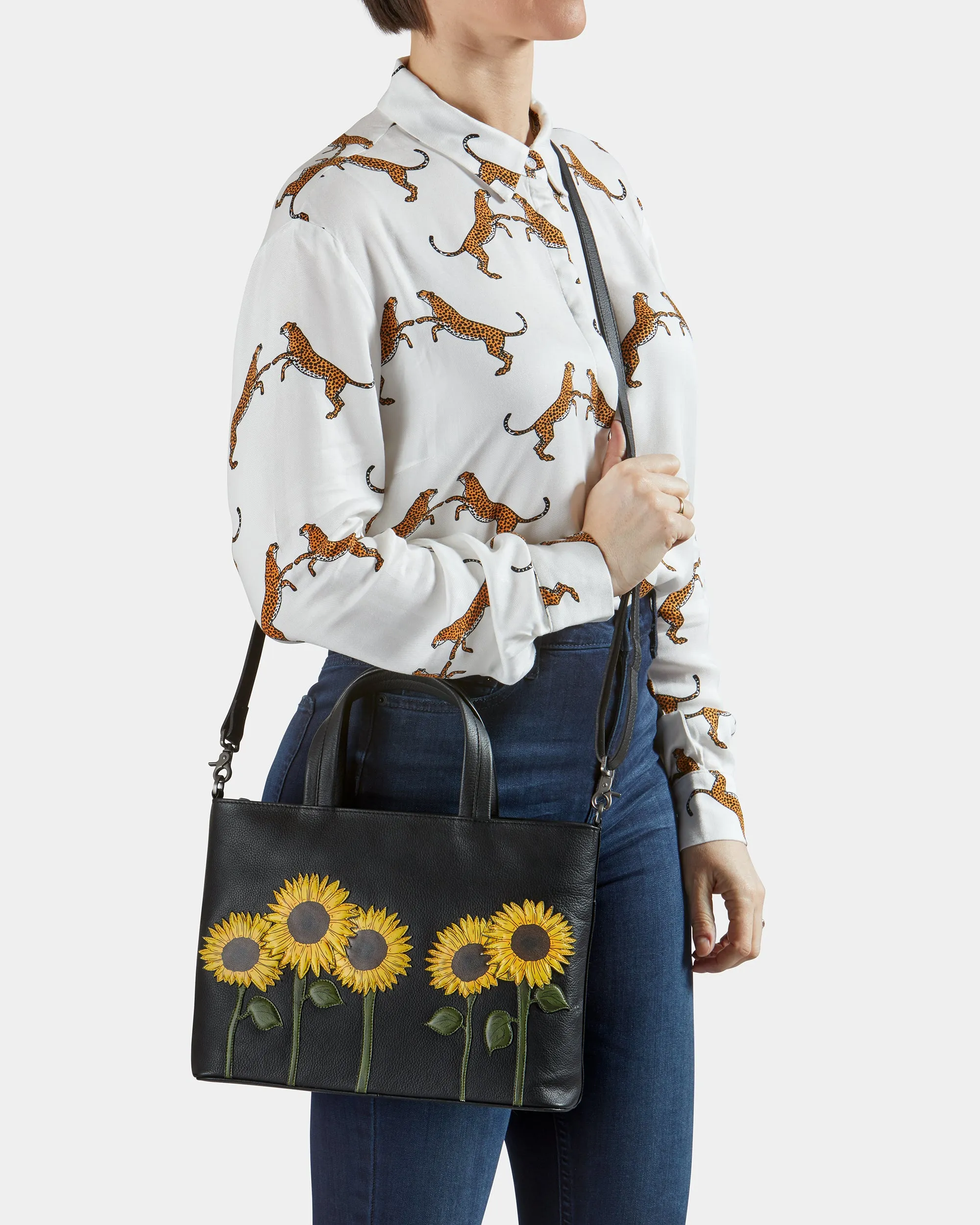 Sunflowers Black Leather Multiway Grab Bag