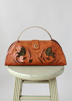 Vintage 1950s Tooled Leather and Green Suede Purse