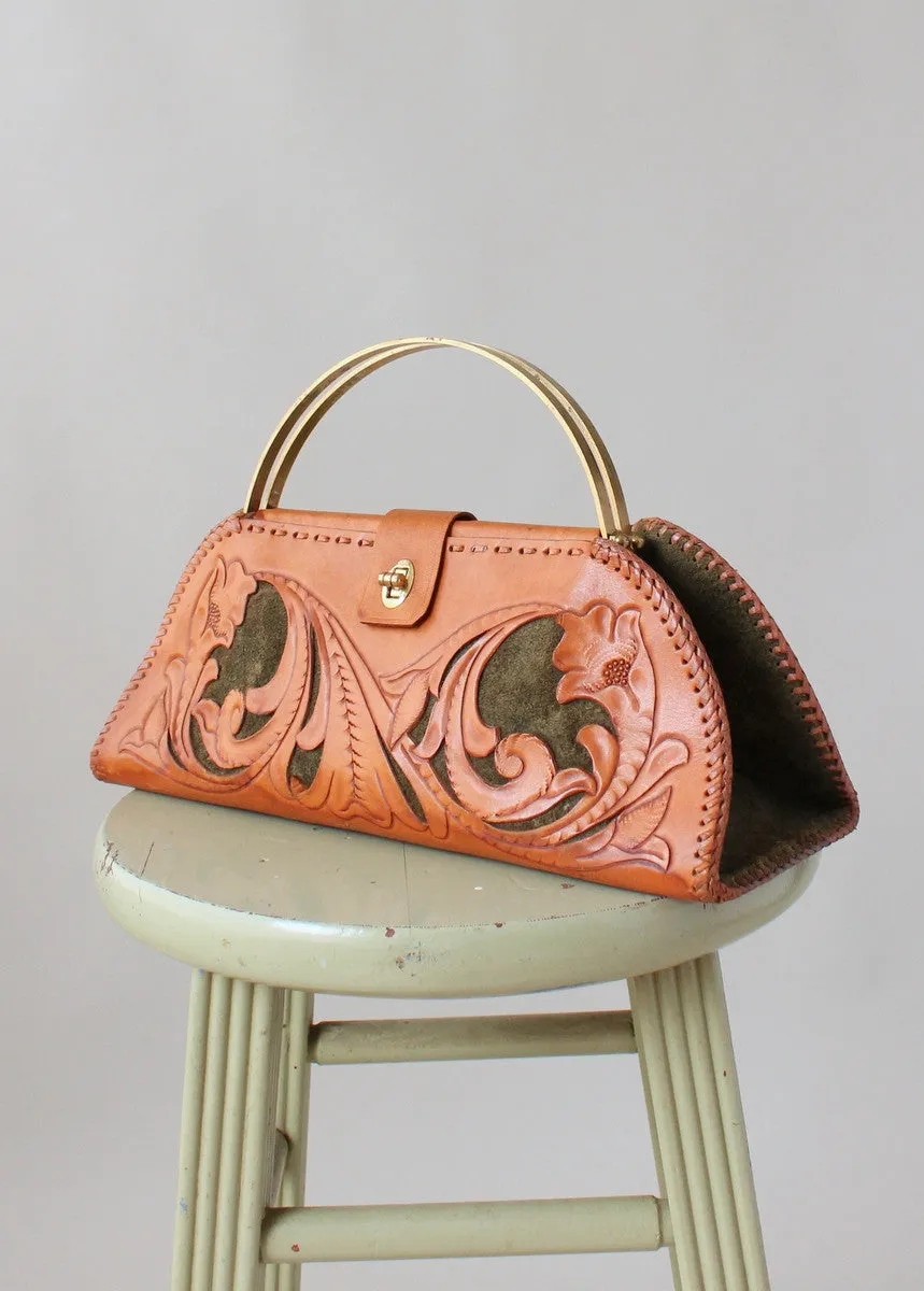 Vintage 1950s Tooled Leather and Green Suede Purse