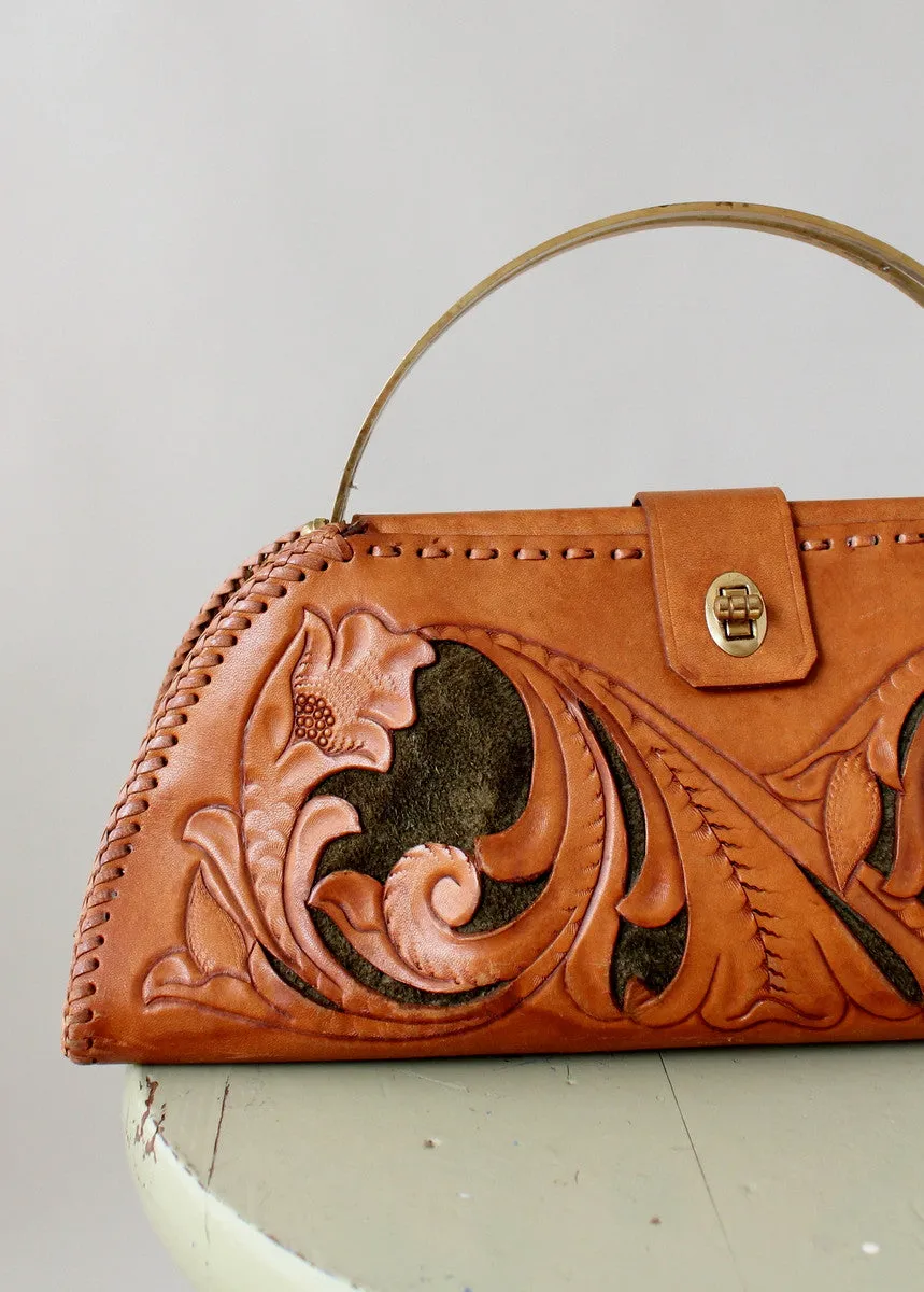 Vintage 1950s Tooled Leather and Green Suede Purse