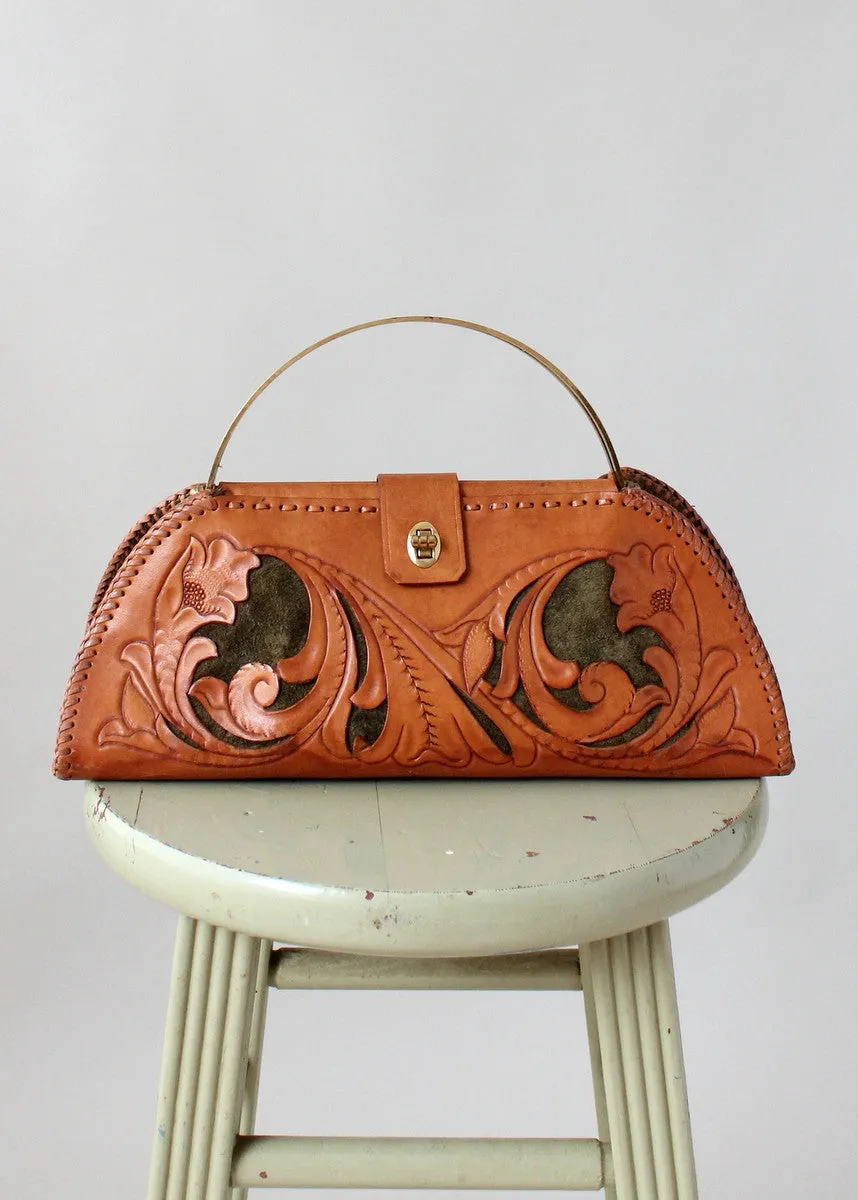 Vintage 1950s Tooled Leather and Green Suede Purse