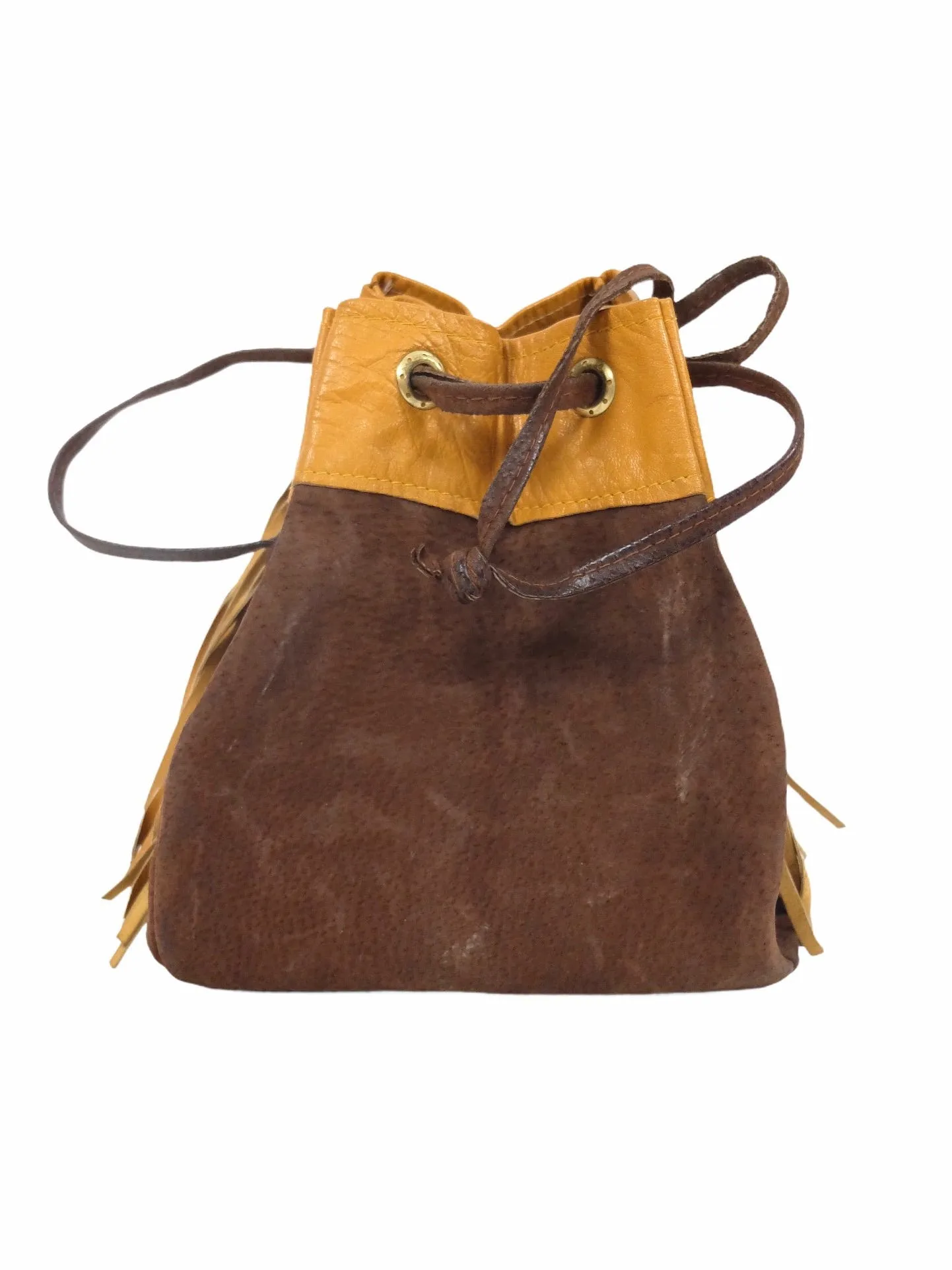 Vintage 70s Western Hippie Bohemian Festival Style Suede Leather Brown & Rust Orange Small Top Handle Boxy Fringed Bucket Bag Purse