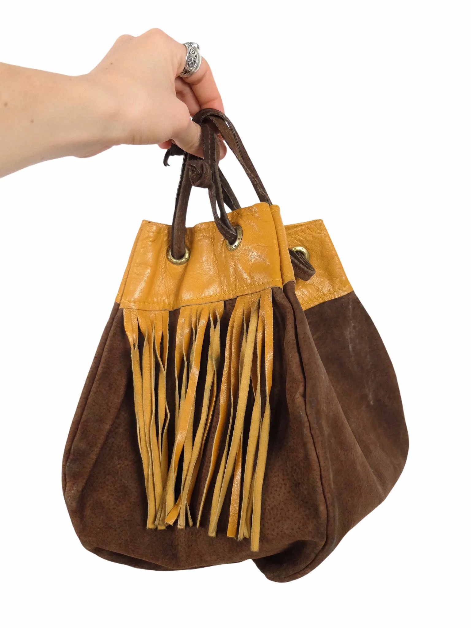 Vintage 70s Western Hippie Bohemian Festival Style Suede Leather Brown & Rust Orange Small Top Handle Boxy Fringed Bucket Bag Purse