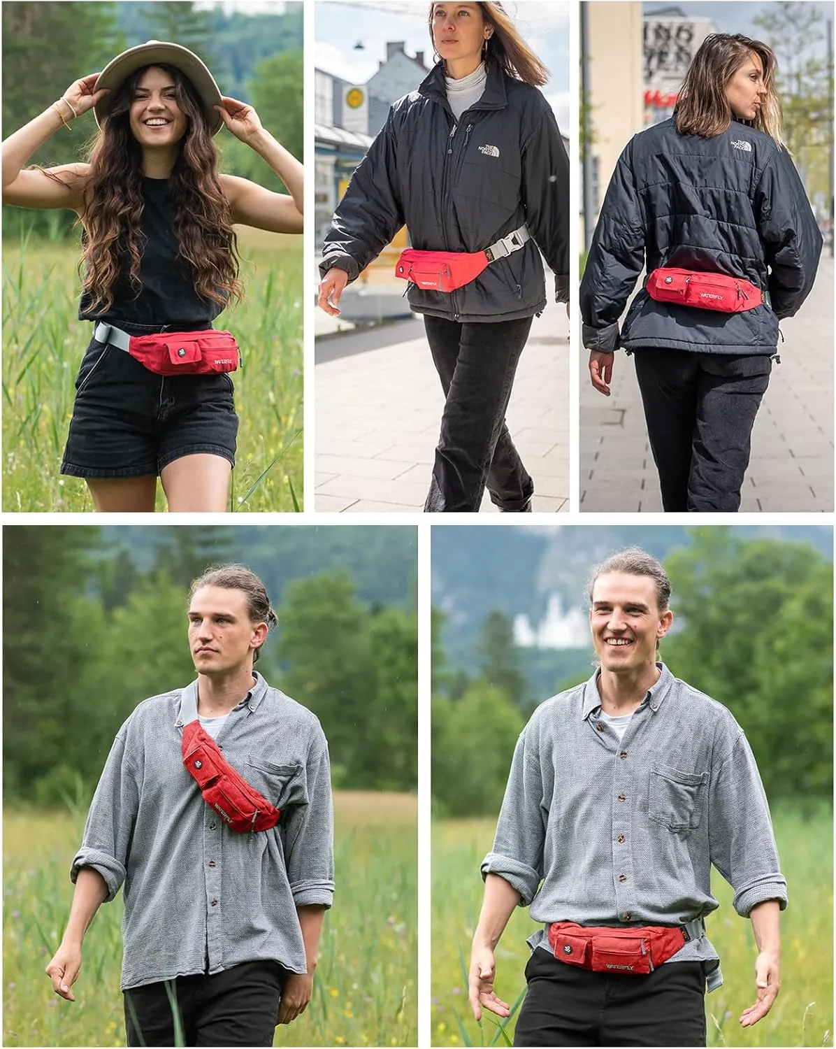 WATERFLY Fanny Pack for Women Men Water Resistant Small Waist Pouch Slim Belt Bag with 4 Pockets for Running Travelling Hiking Walking Lightweight Crossbody Chest Bag Fit All Phones