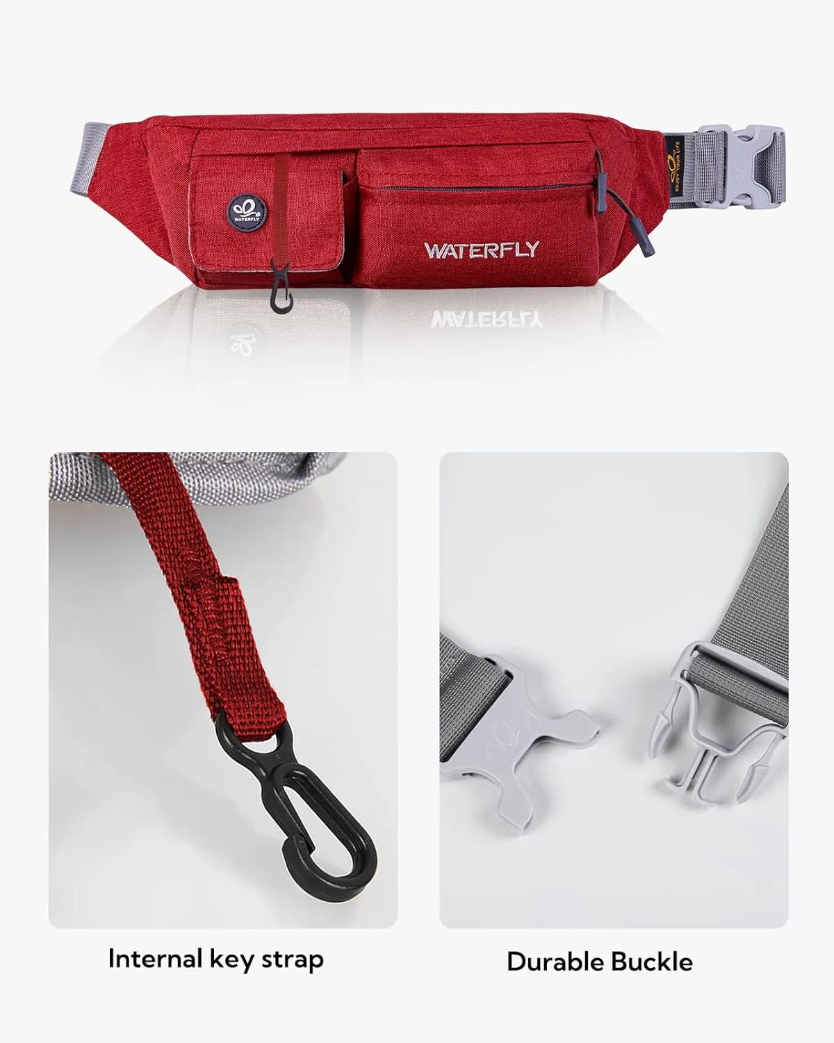 WATERFLY Fanny Pack for Women Men Water Resistant Small Waist Pouch Slim Belt Bag with 4 Pockets for Running Travelling Hiking Walking Lightweight Crossbody Chest Bag Fit All Phones