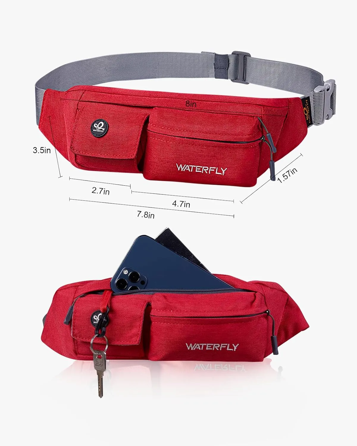 WATERFLY Fanny Pack for Women Men Water Resistant Small Waist Pouch Slim Belt Bag with 4 Pockets for Running Travelling Hiking Walking Lightweight Crossbody Chest Bag Fit All Phones