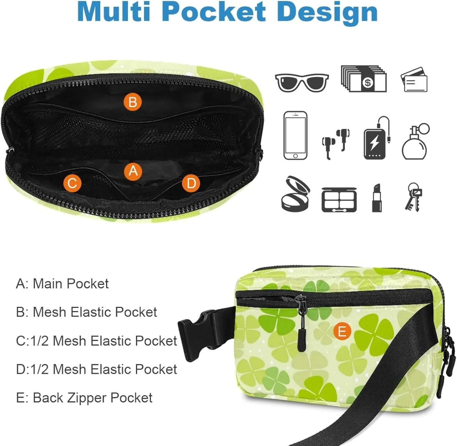 Waterproof Fanny Pack Black Belt Bag with Adjustable Strap for Women and Men,Clover Crossbody Fanny Bag with Zipper for Hiking Running Travel
