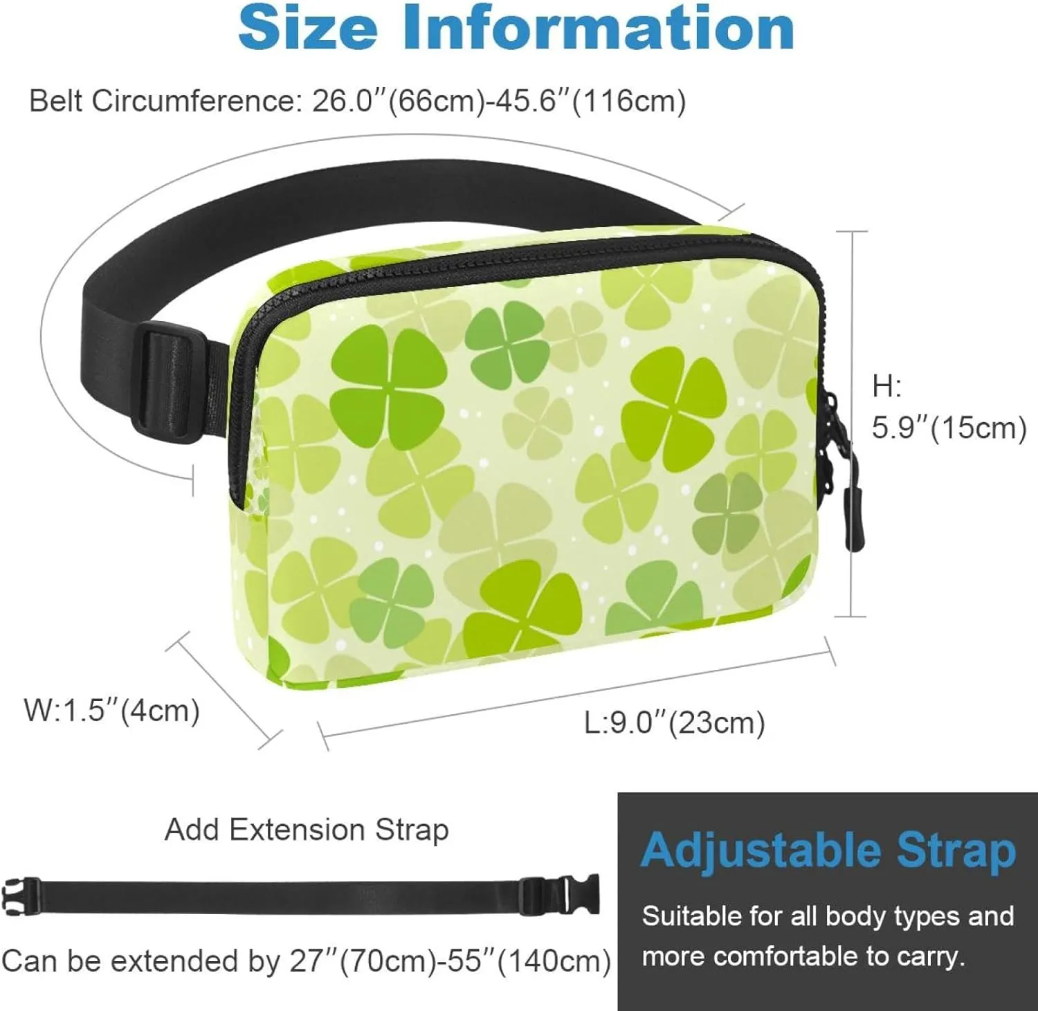 Waterproof Fanny Pack Black Belt Bag with Adjustable Strap for Women and Men,Clover Crossbody Fanny Bag with Zipper for Hiking Running Travel