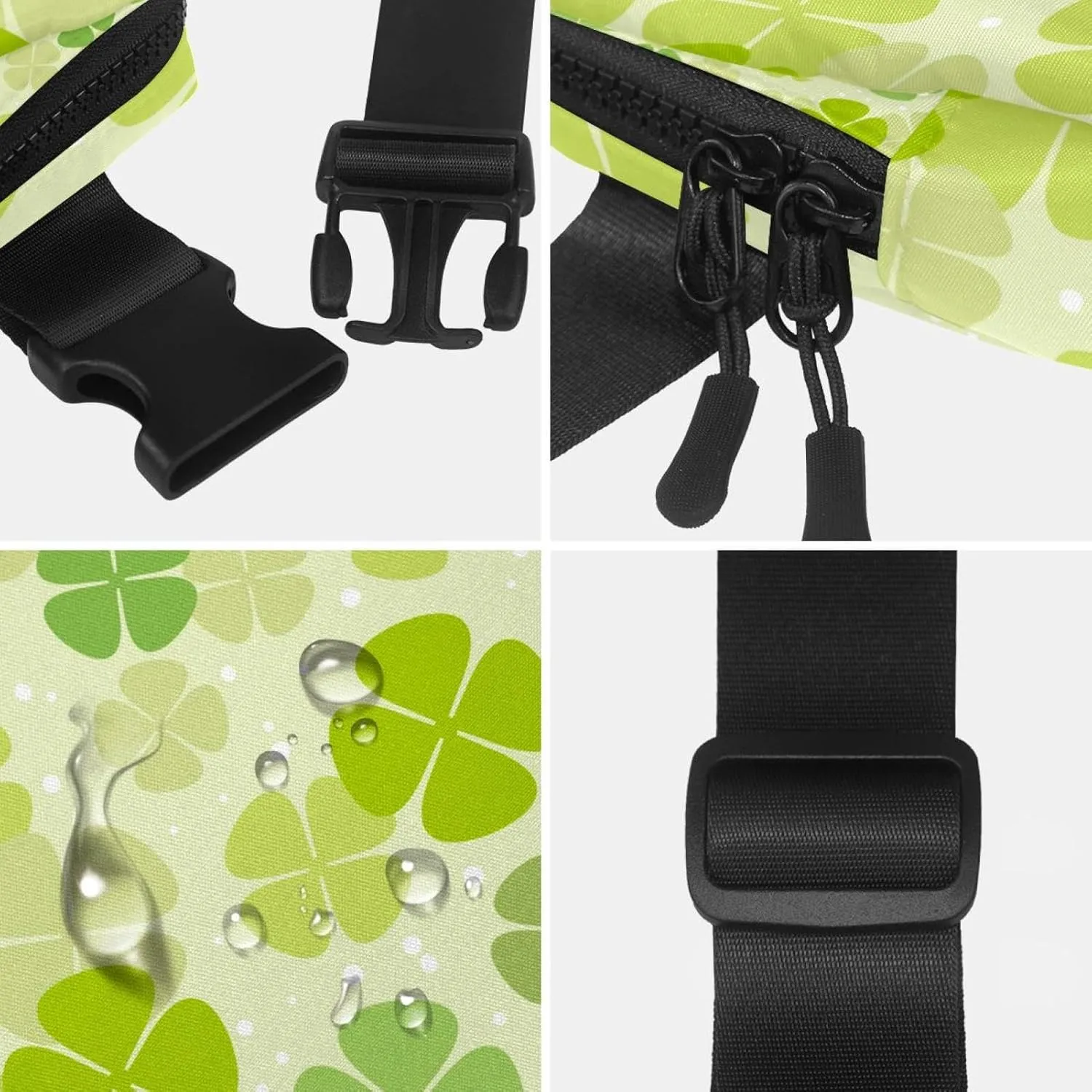 Waterproof Fanny Pack Black Belt Bag with Adjustable Strap for Women and Men,Clover Crossbody Fanny Bag with Zipper for Hiking Running Travel