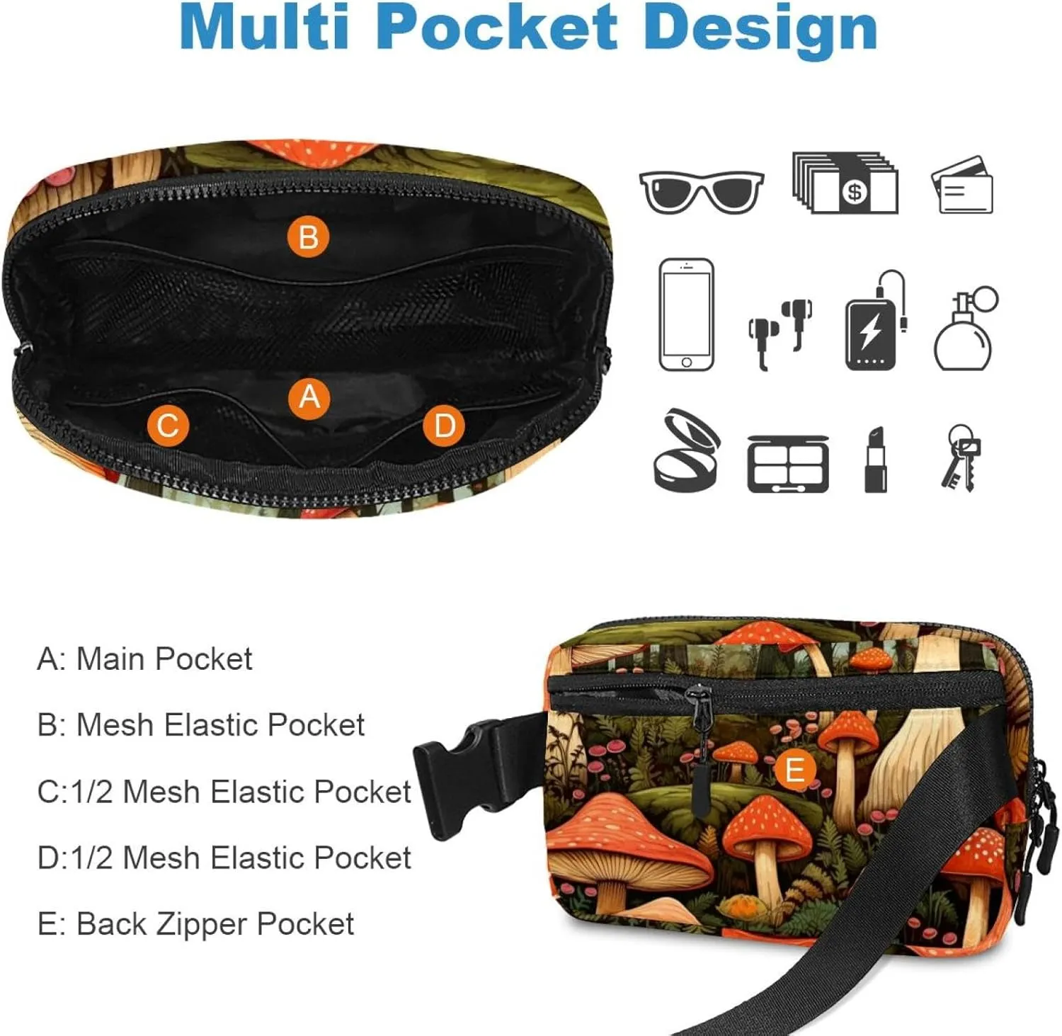 Waterproof Fanny Pack Black Belt Bag with Adjustable Strap for Women and Men,Forest Mushrooms Crossbody Fanny Bag with Zipper for Hiking Running Travel