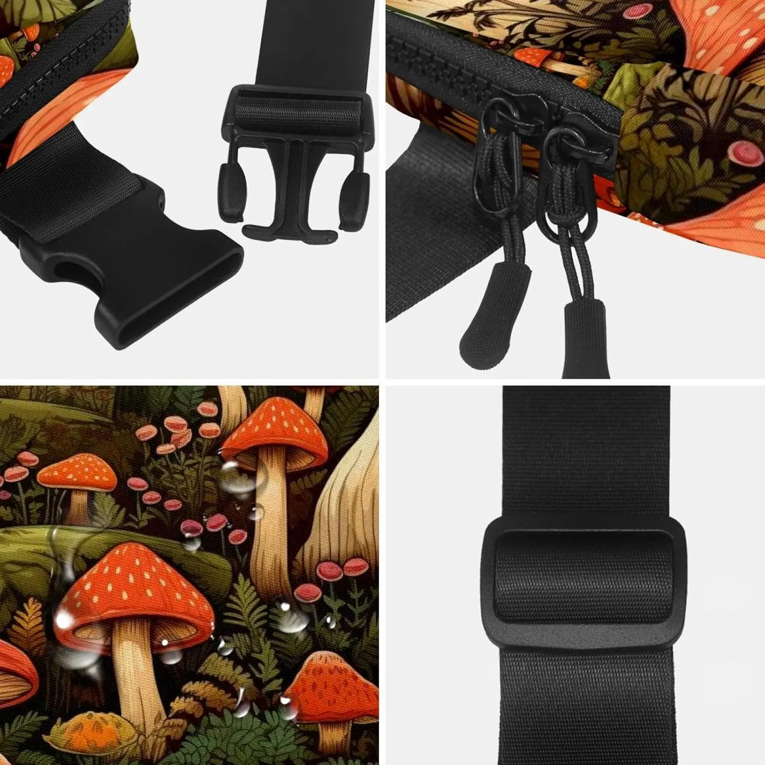 Waterproof Fanny Pack Black Belt Bag with Adjustable Strap for Women and Men,Forest Mushrooms Crossbody Fanny Bag with Zipper for Hiking Running Travel