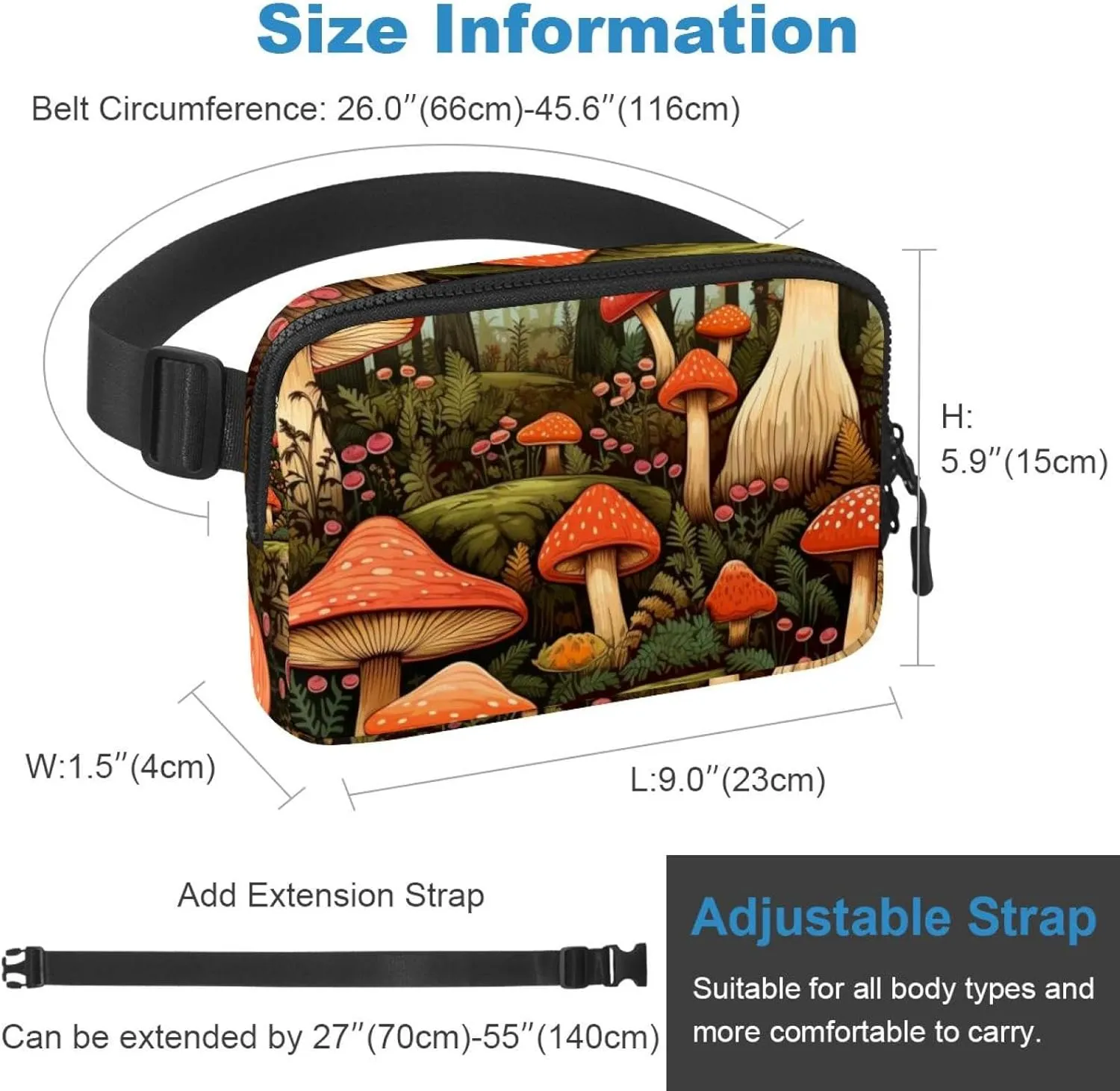 Waterproof Fanny Pack Black Belt Bag with Adjustable Strap for Women and Men,Forest Mushrooms Crossbody Fanny Bag with Zipper for Hiking Running Travel