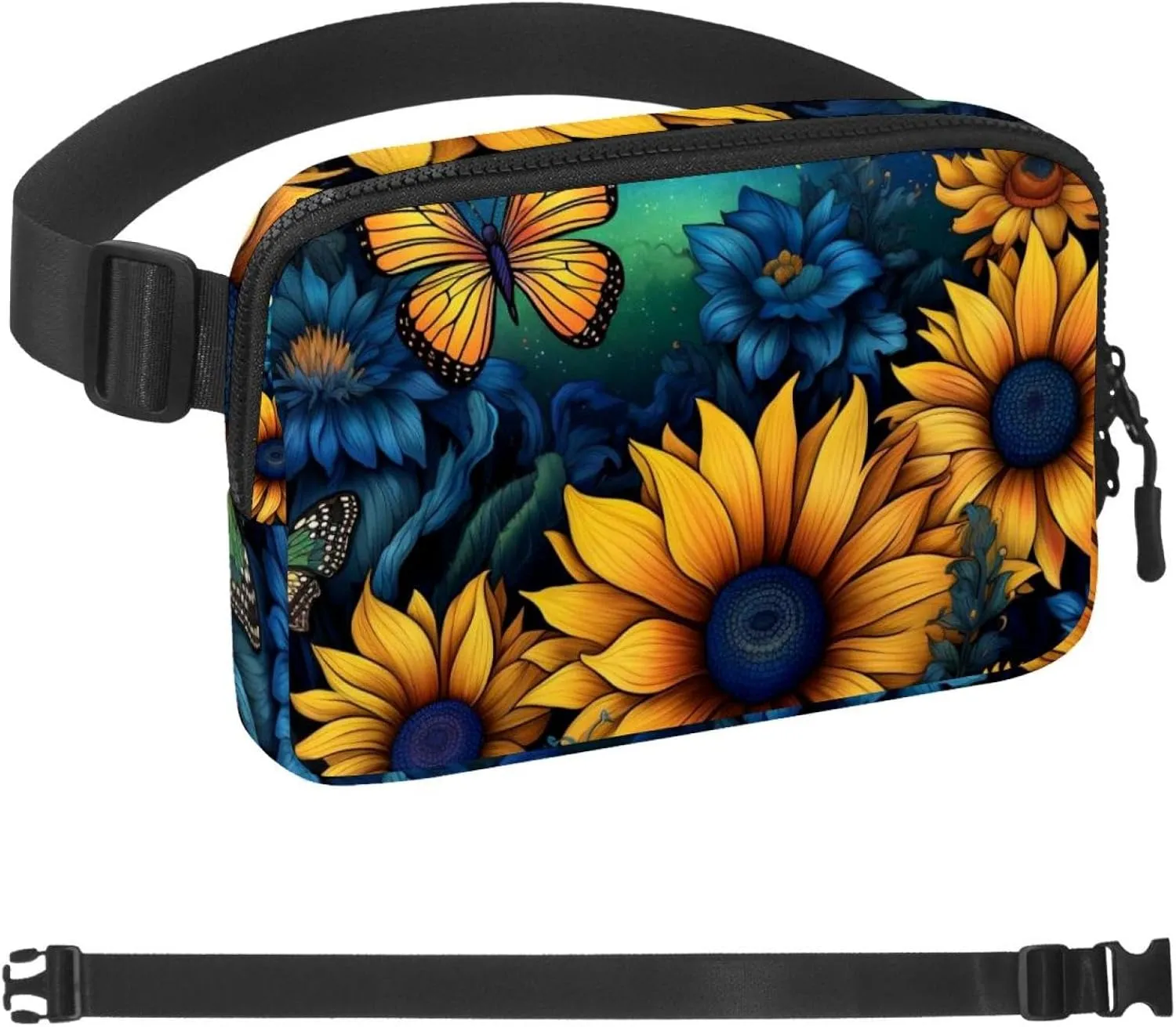 Waterproof Fanny Pack Black Belt Bag with Adjustable Strap for Women and Men,Sky Moon Sunflowers Butterfly Crossbody Fanny Bag with Zipper for Hiking Running Travel