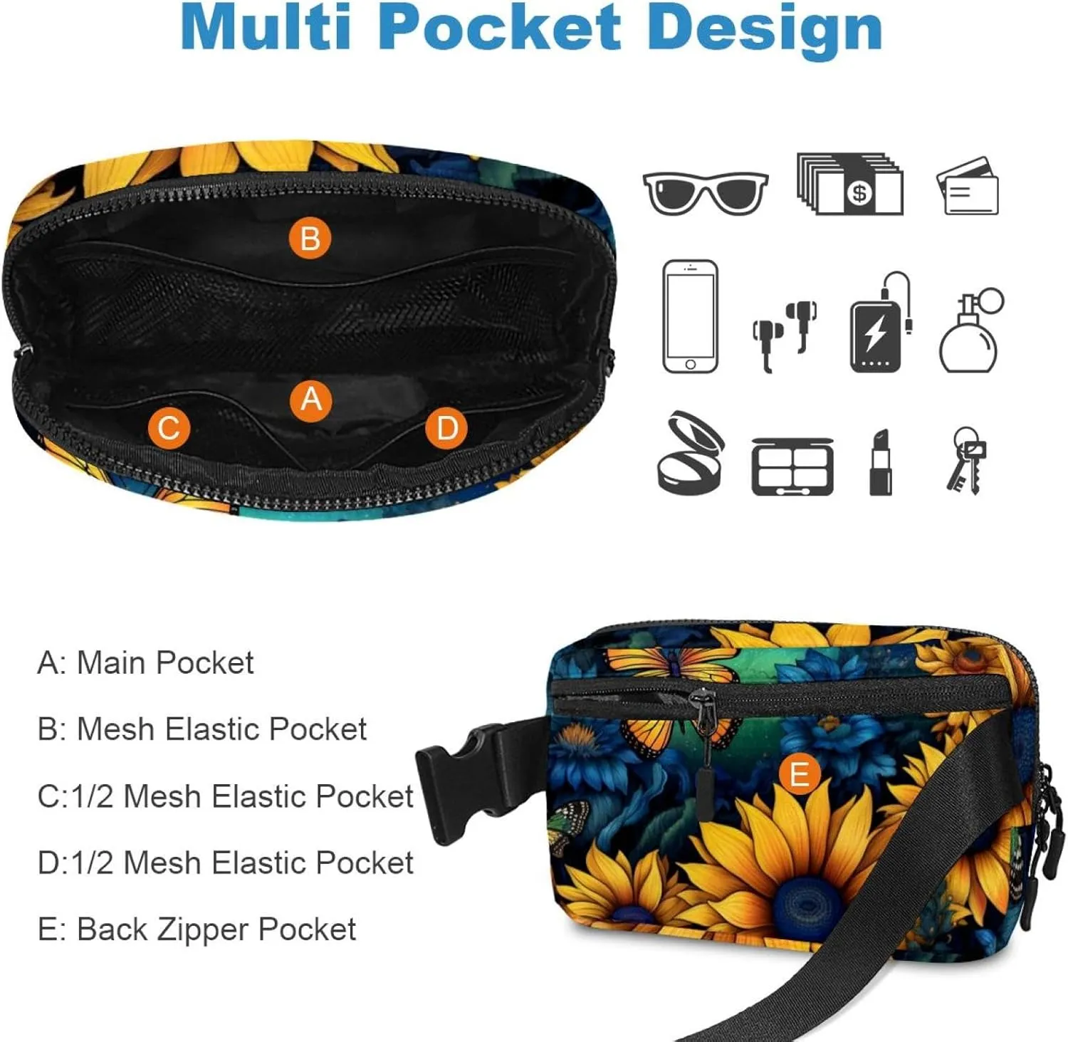 Waterproof Fanny Pack Black Belt Bag with Adjustable Strap for Women and Men,Sky Moon Sunflowers Butterfly Crossbody Fanny Bag with Zipper for Hiking Running Travel