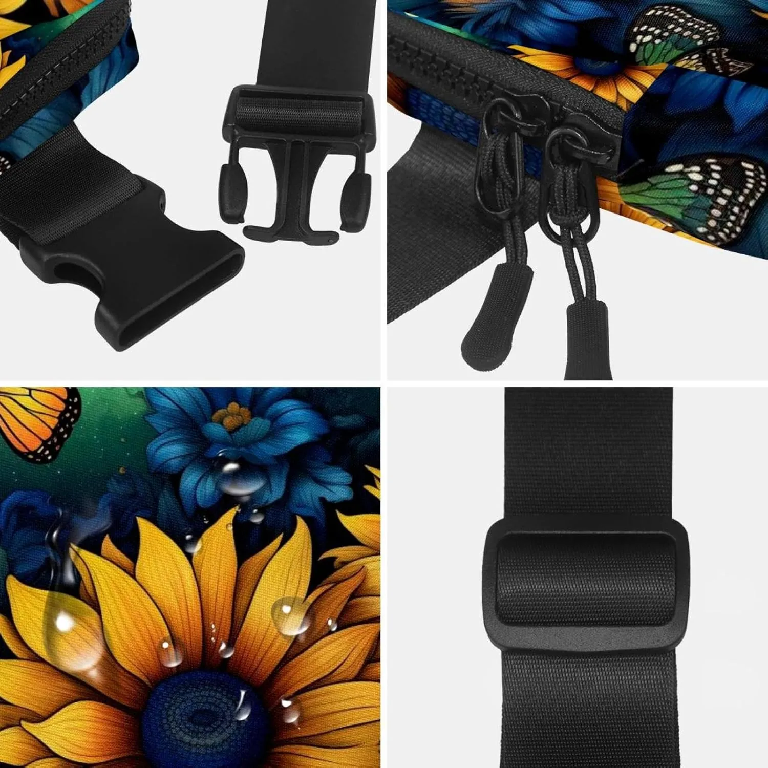 Waterproof Fanny Pack Black Belt Bag with Adjustable Strap for Women and Men,Sky Moon Sunflowers Butterfly Crossbody Fanny Bag with Zipper for Hiking Running Travel