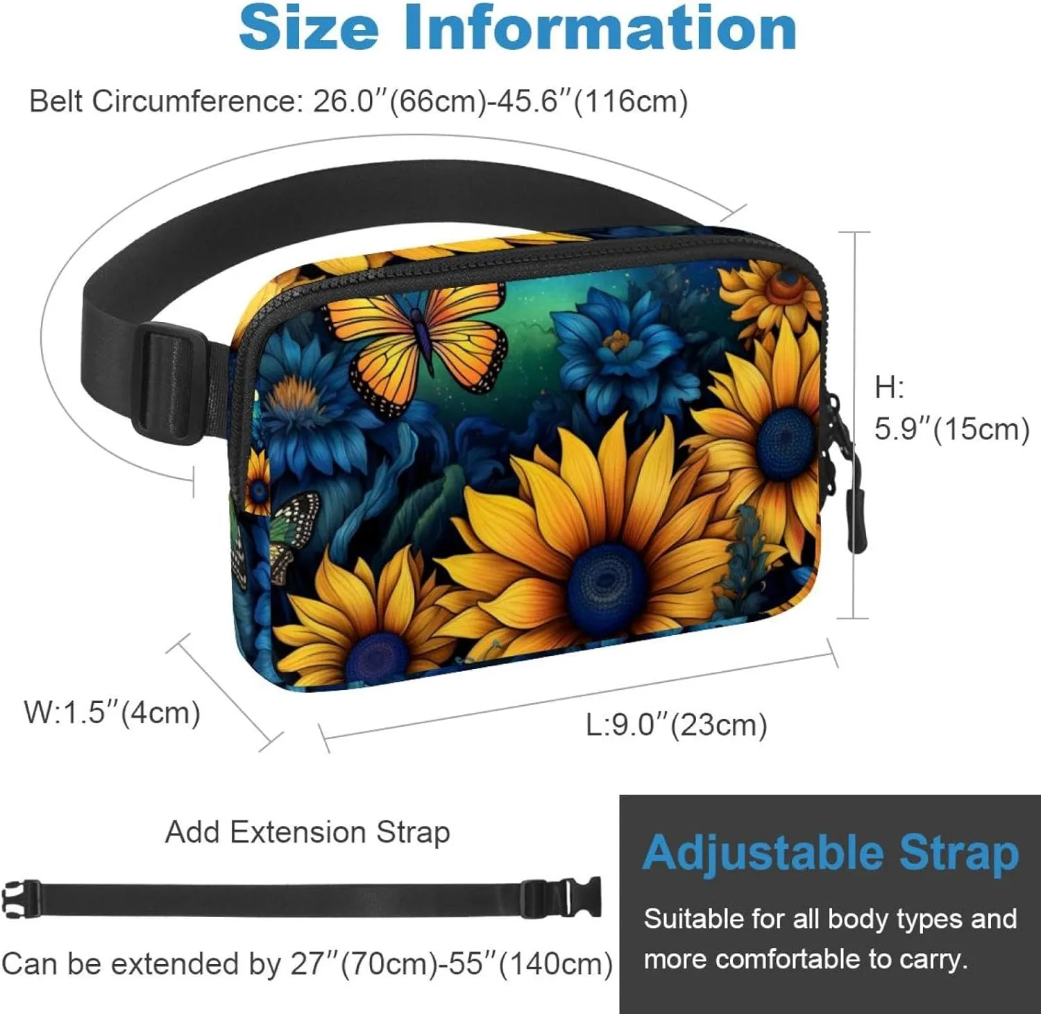 Waterproof Fanny Pack Black Belt Bag with Adjustable Strap for Women and Men,Sky Moon Sunflowers Butterfly Crossbody Fanny Bag with Zipper for Hiking Running Travel